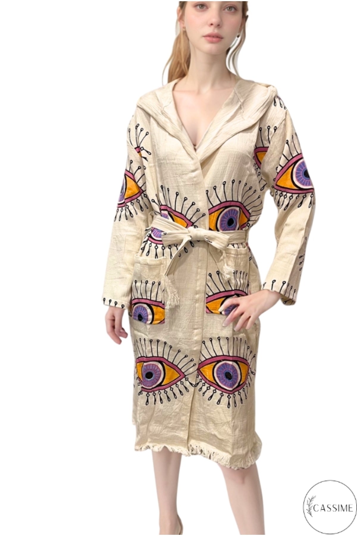 Heidi Women's Evil Eye Hooded Muslin Beach Robe - Lilac and Pink Evil Eye Design