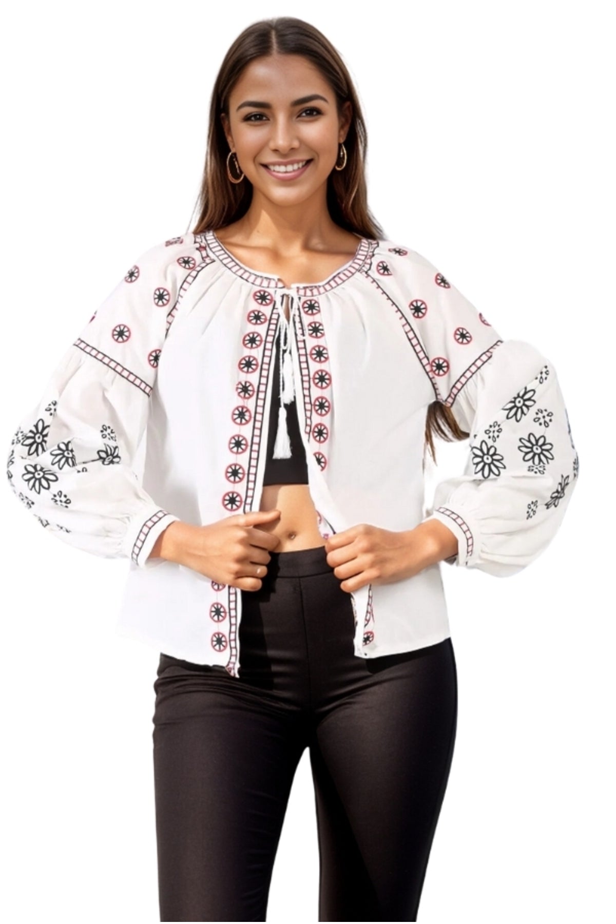 Rachel Women's Floral Embroidered Tassel Jacket - White with Pink Embroidery