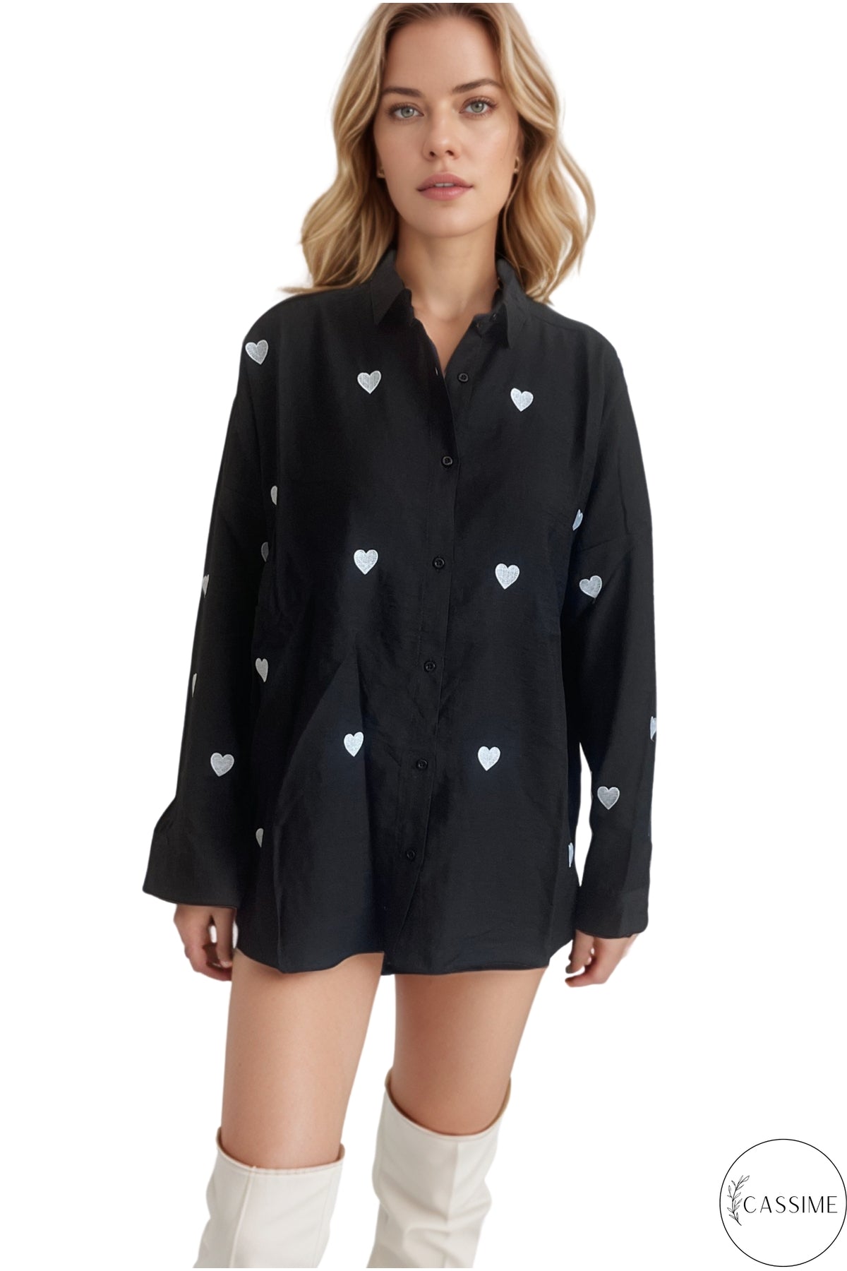 Delilah Women's Cotton Oversized Embellished Long Sleeve Shirt - Black with Heart Embroidery