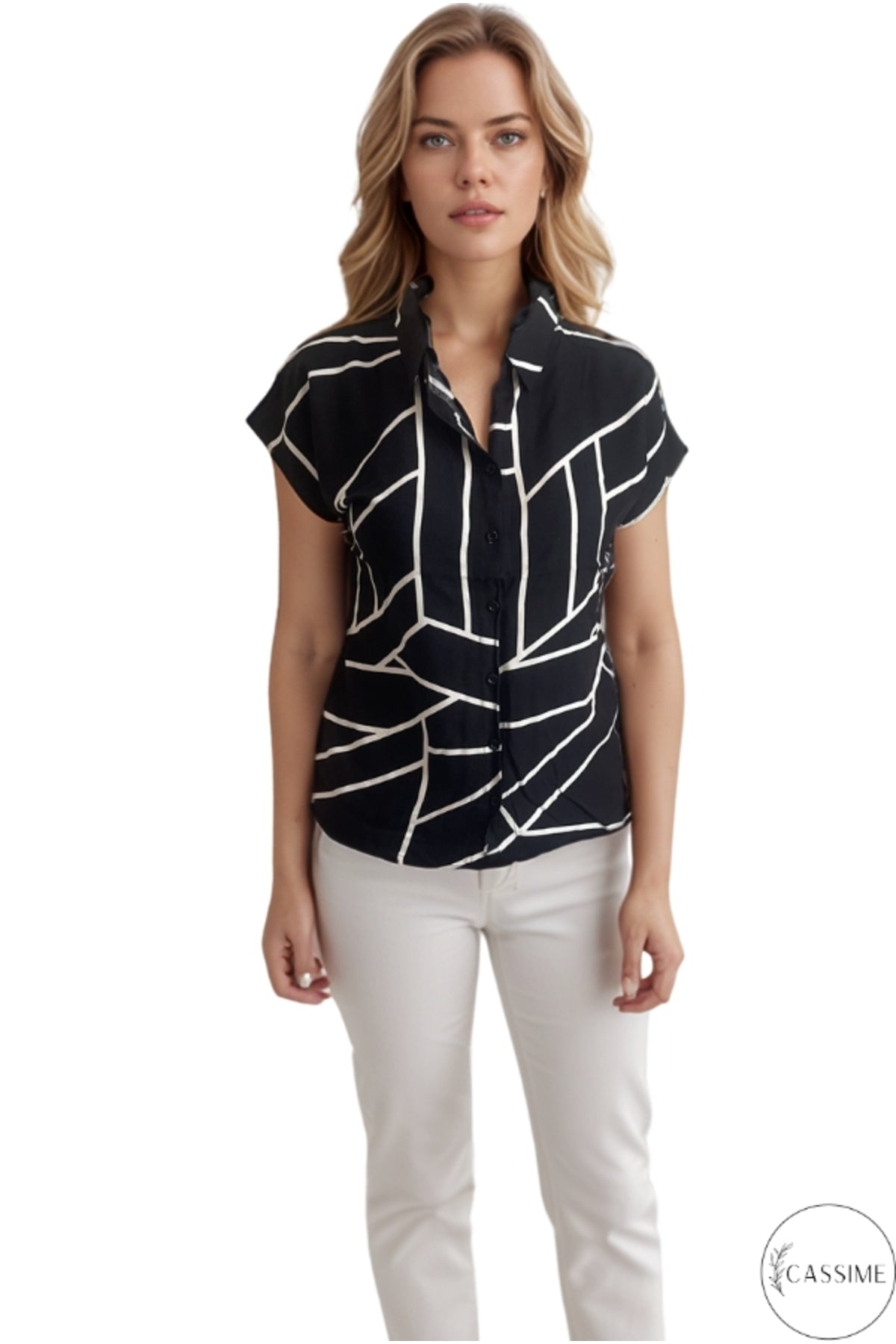 Charlotte Women's Short Sleeve Batwing Shirt - Black and White Geometric Print
