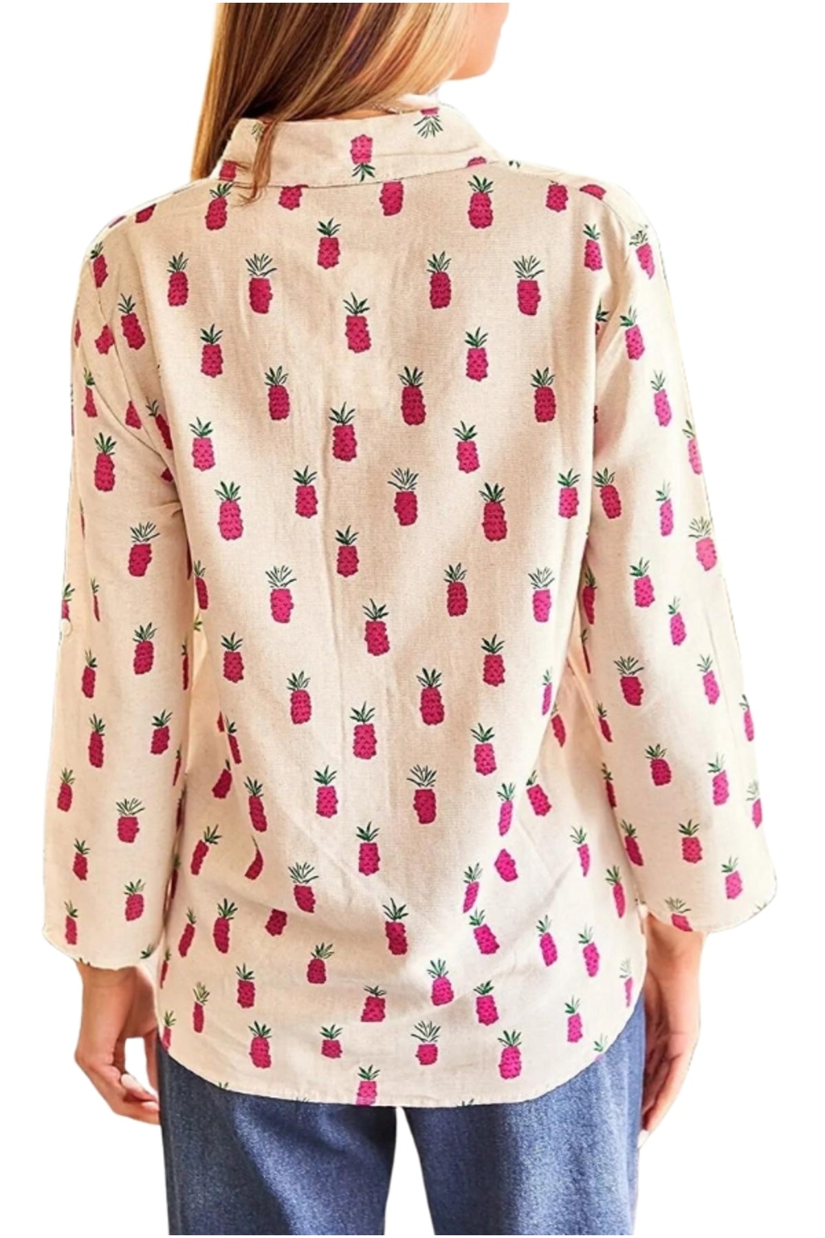 Gabrielle Women's Linen Blend Pineapple Print Roll-Sleeve Shirt - Fuchsia Pineapple