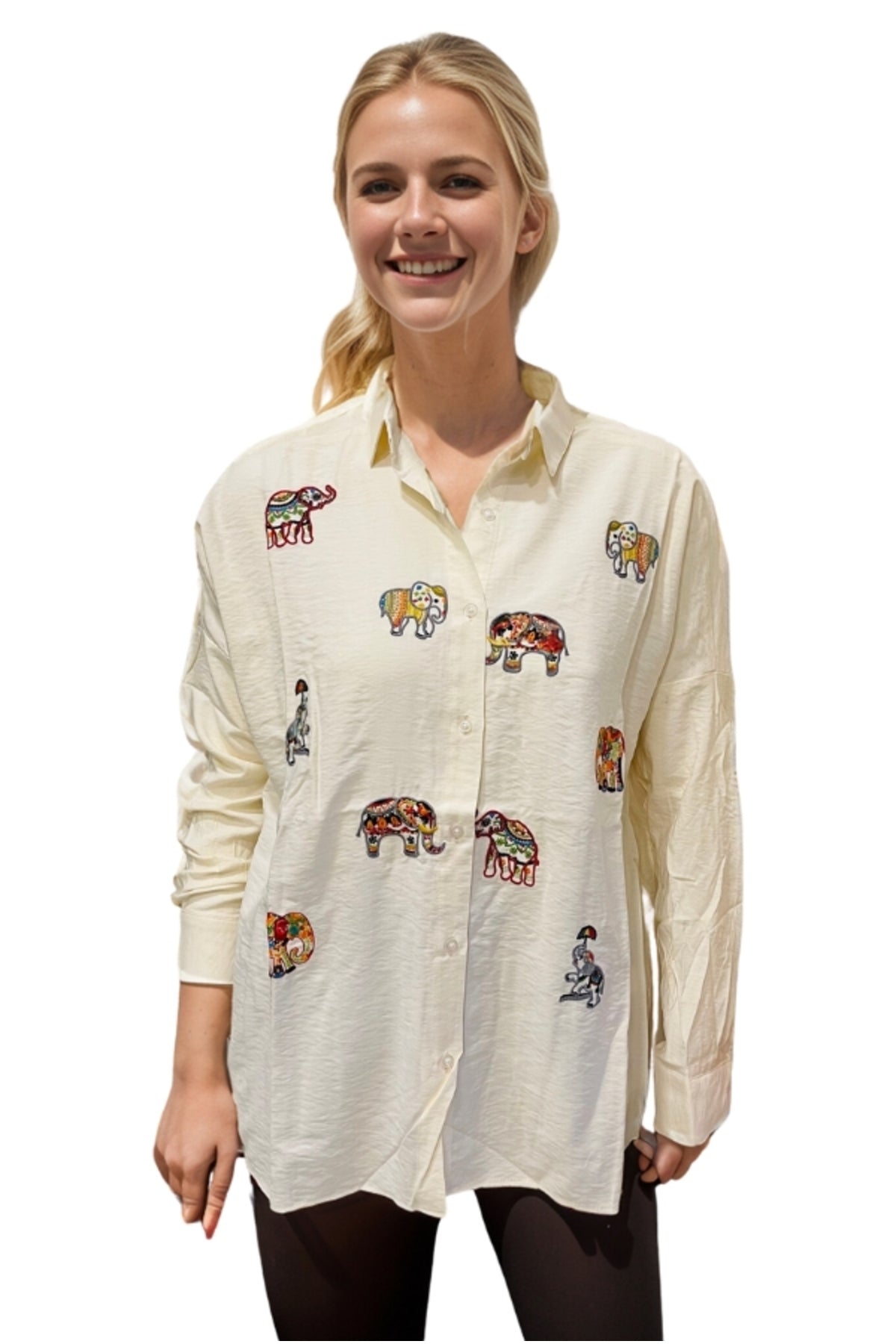 Delilah Women's Cotton Oversized Embellished Long Sleeve Shirt - Cream Elephant