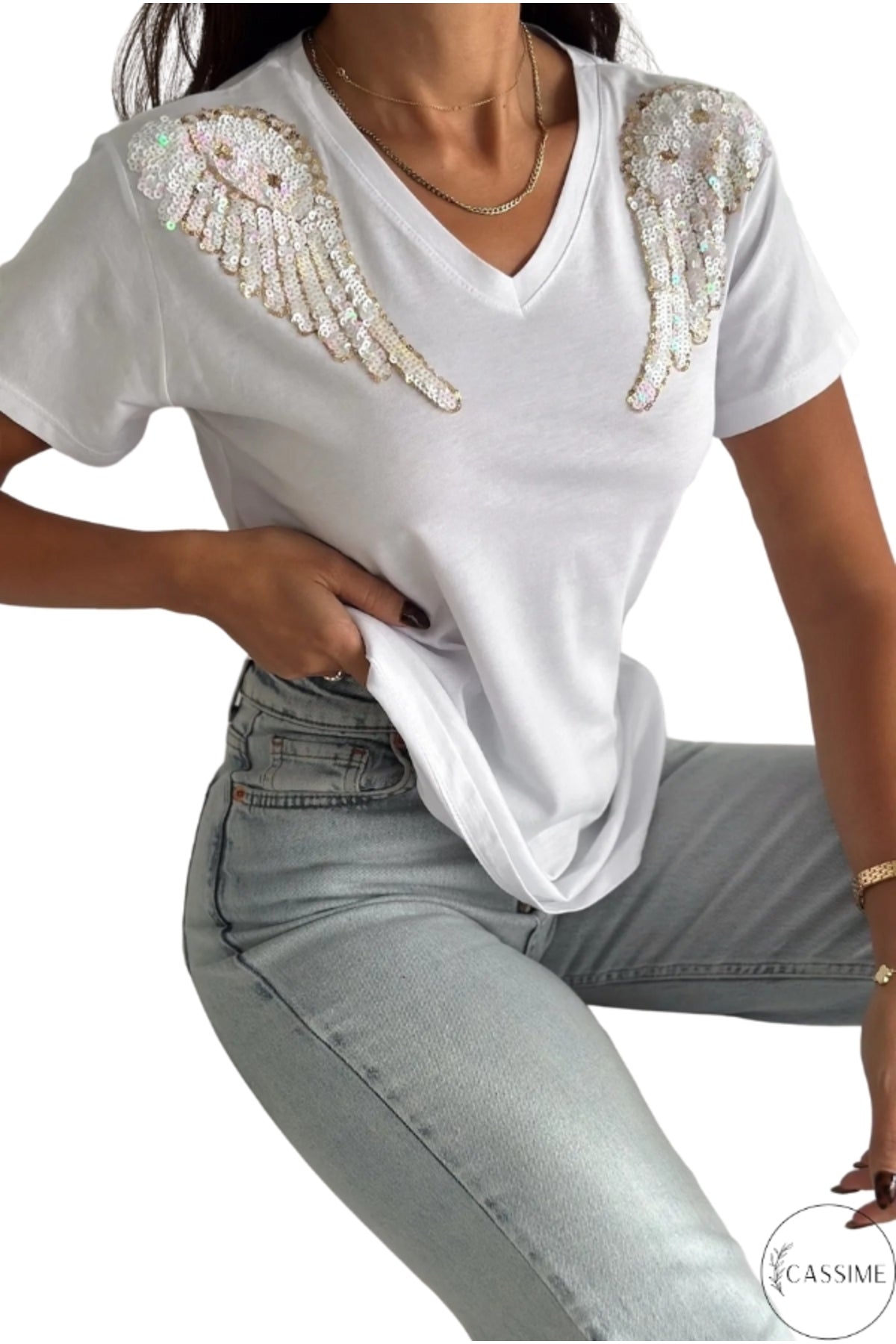 Sophie Women's Cotton Embellished V-Neck T-Shirt - White Angel Wing Design