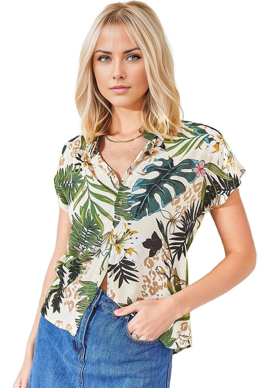 Charlotte Women's Viscose Short Sleeve Batwing Shirt - Tropical Multicolor Print