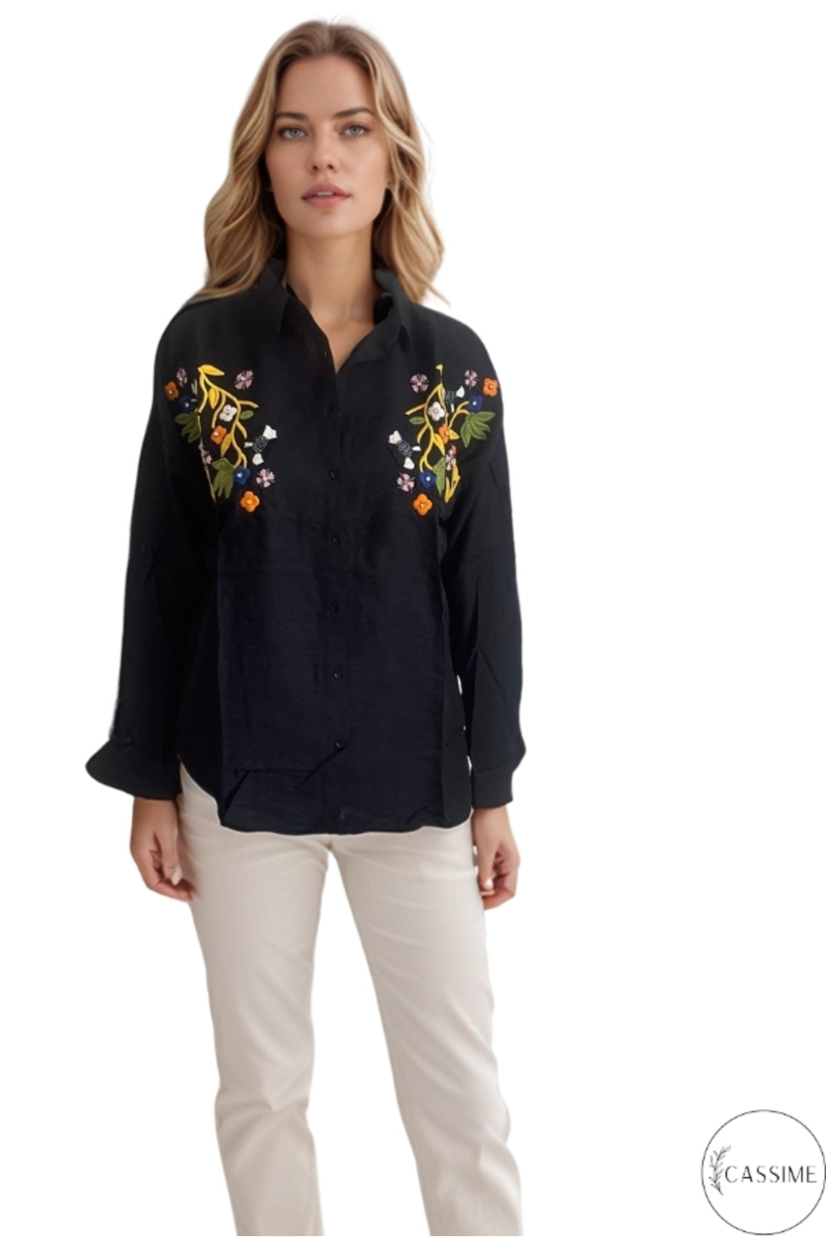 Claire Women's Floral Embellished Button-Up Shirt - Black Floral Embroidery