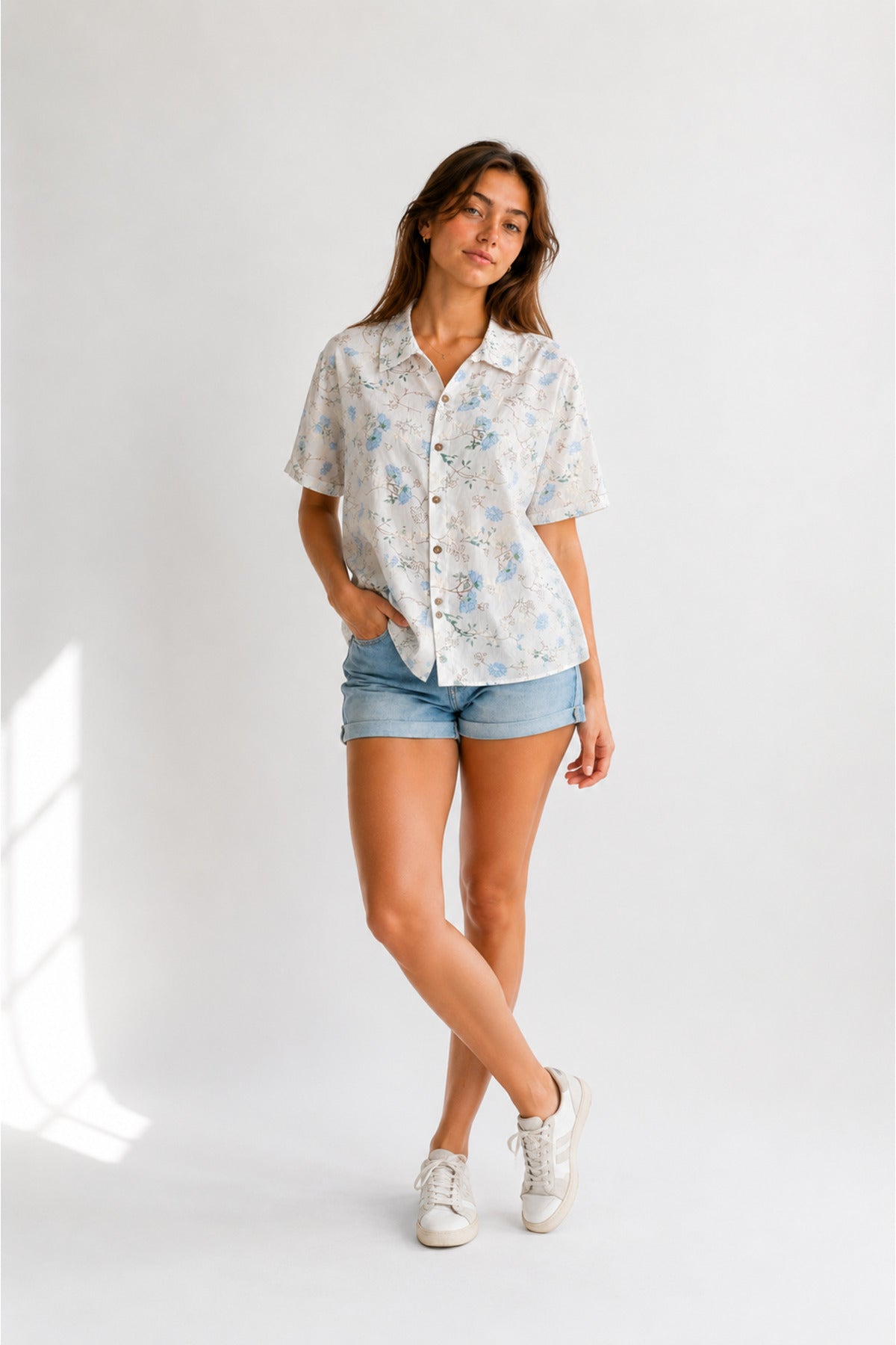 Women's Blue Lotus Floral Embroidered Cotton Short Sleeve Shirt - product photo 5