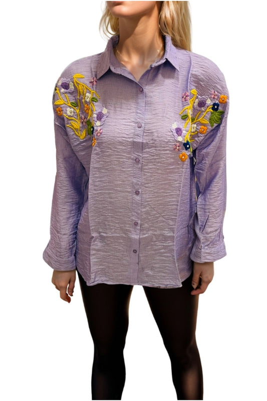 Claire Women's Floral Embellished Button-Up Shirt - Lilac Floral Embroidery