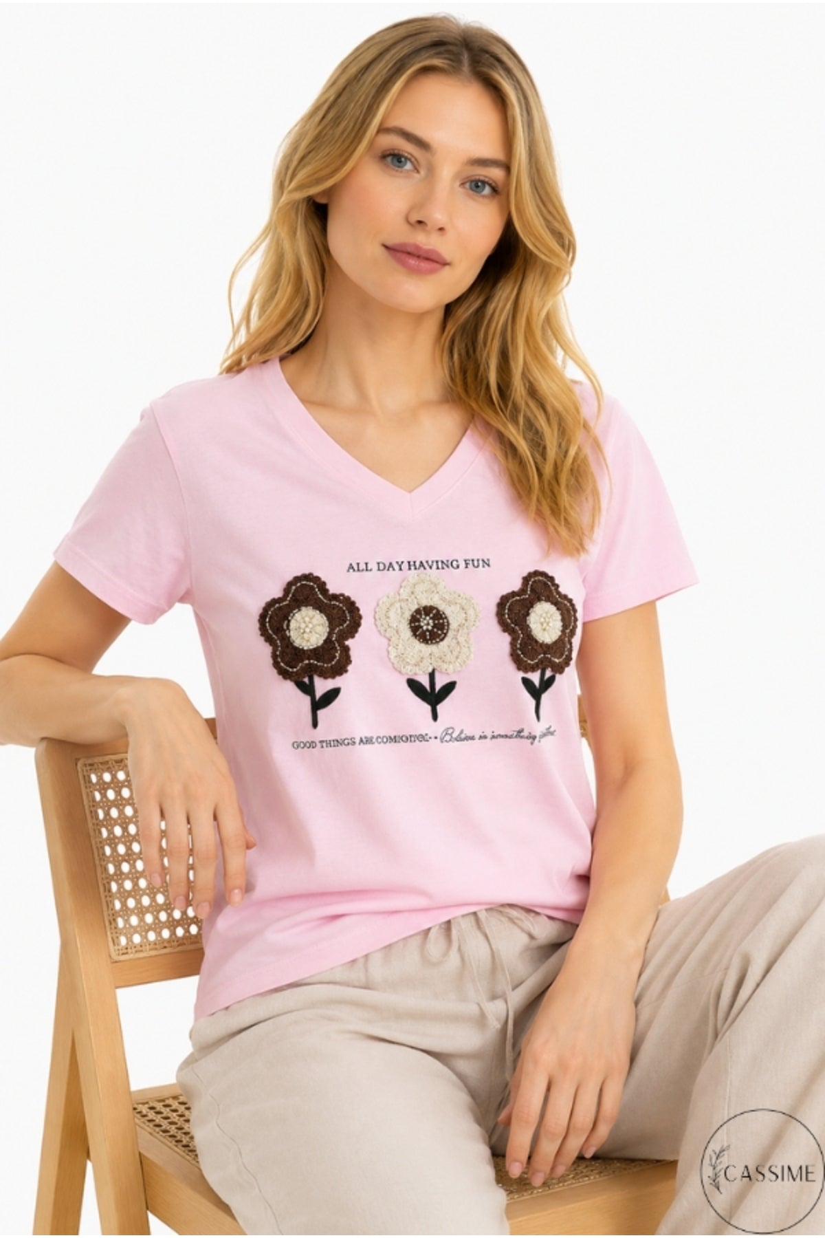 Emma Women's Cotton Embellished T-Shirt - Pink Floral Embroidery