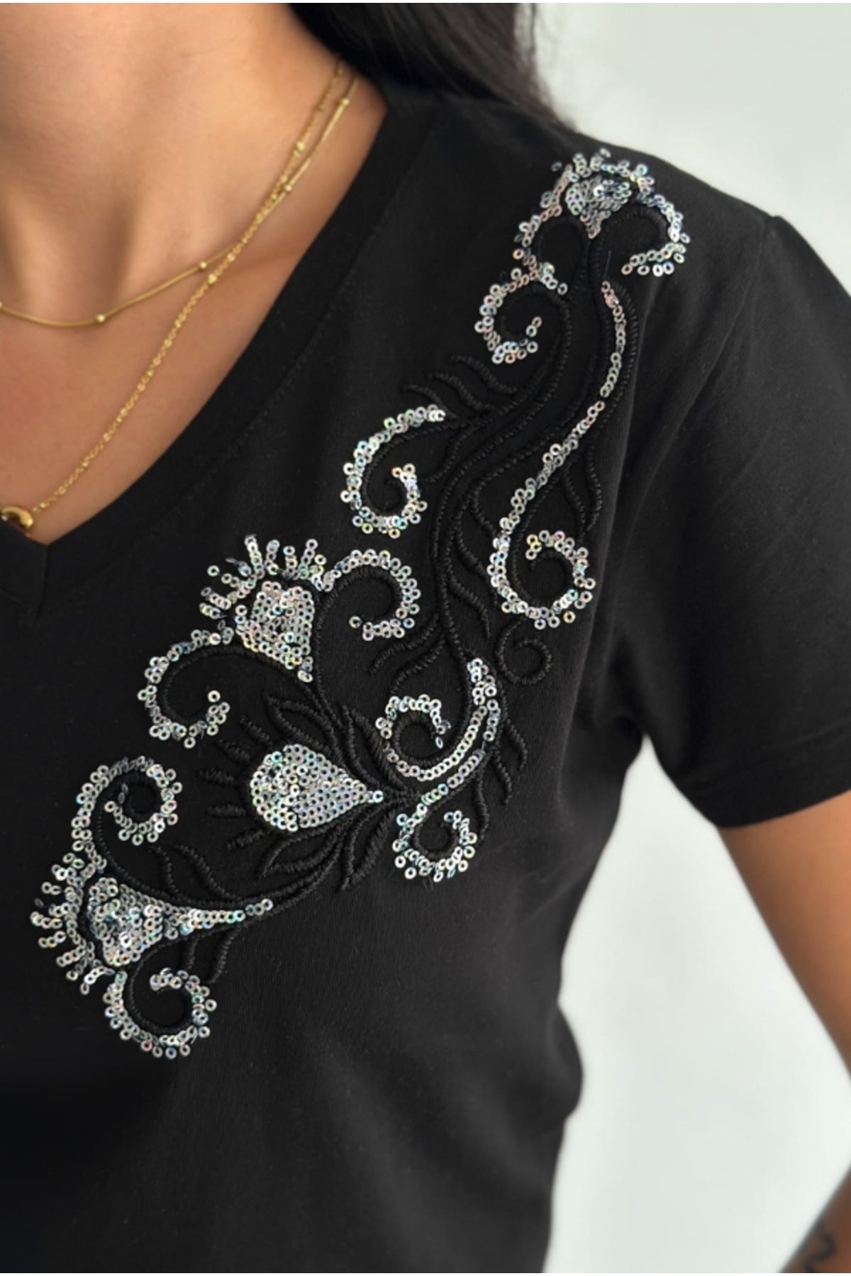 Olivia Women's Cotton Plus Size Embellished V-Neck T-Shirt - Black with Branch Shoulder Embroidery