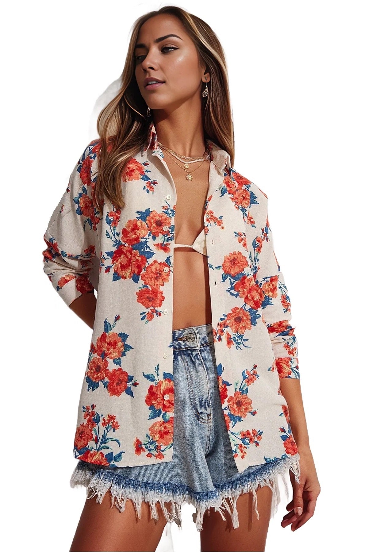 Emilia Women's Linen-Viscose Blend Oversized Printed Shirt - Bright Orange Floral