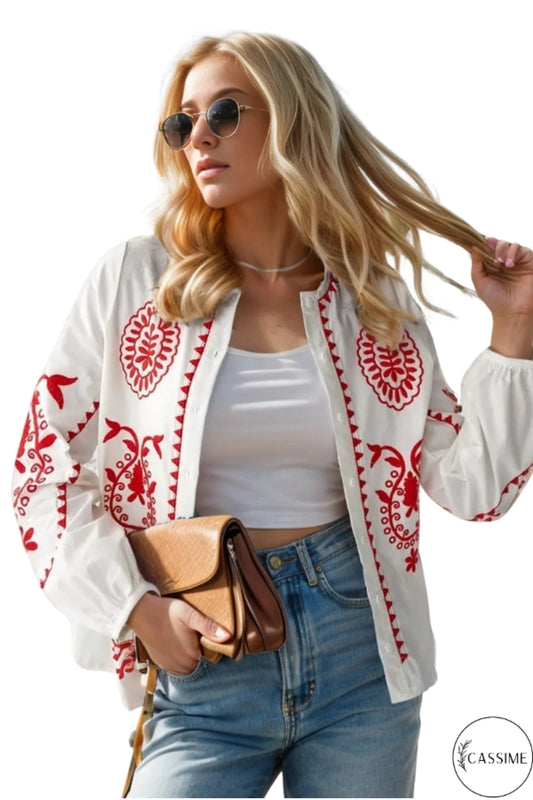 Nina Women's Cotton Embroidered Button-Up Shirt Jacket - Red Embroidered