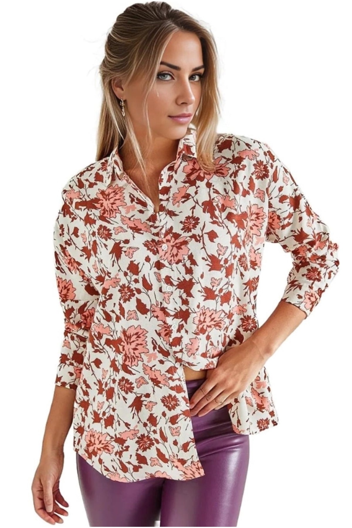 Emilia Women's Linen-Viscose Blend Oversized Printed Shirt - Burgundy Floral