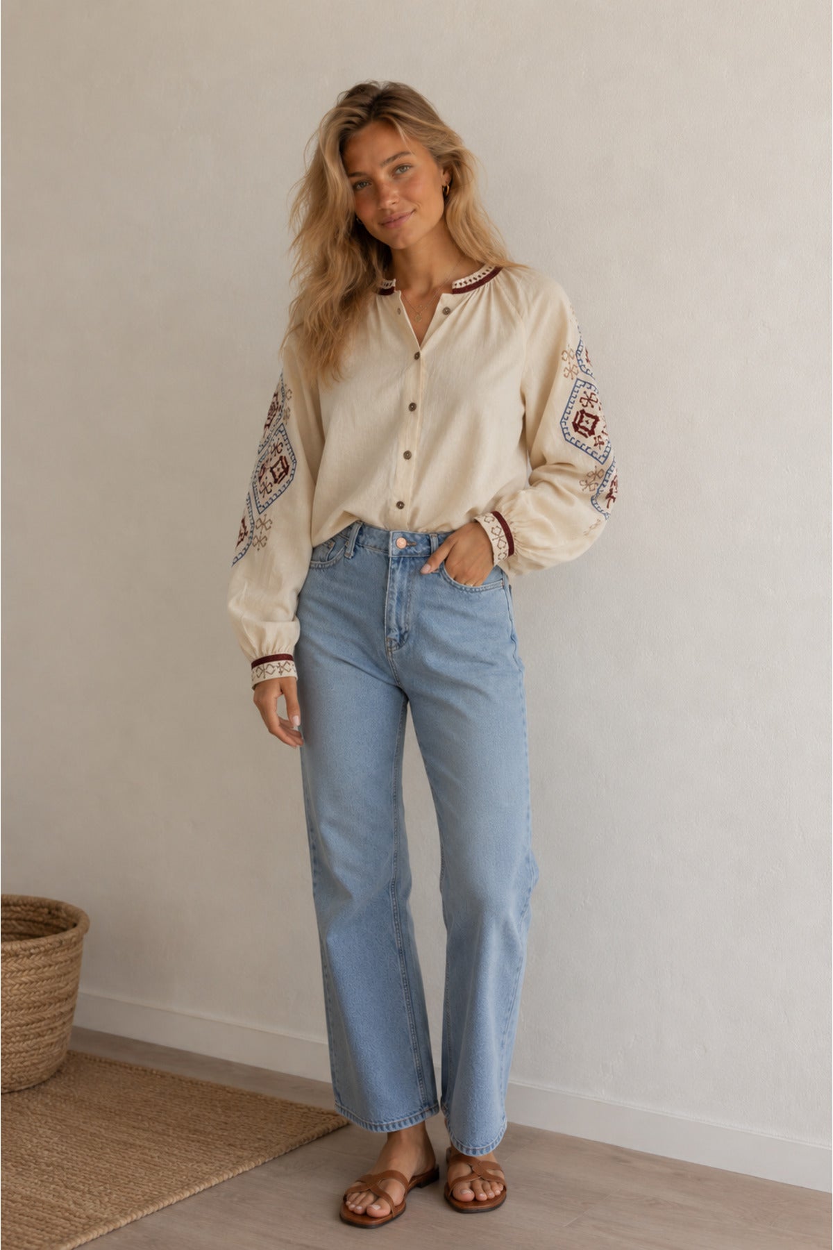 Judith Women's Cotton Vintage Inspired Embroidered Shirt - Beige