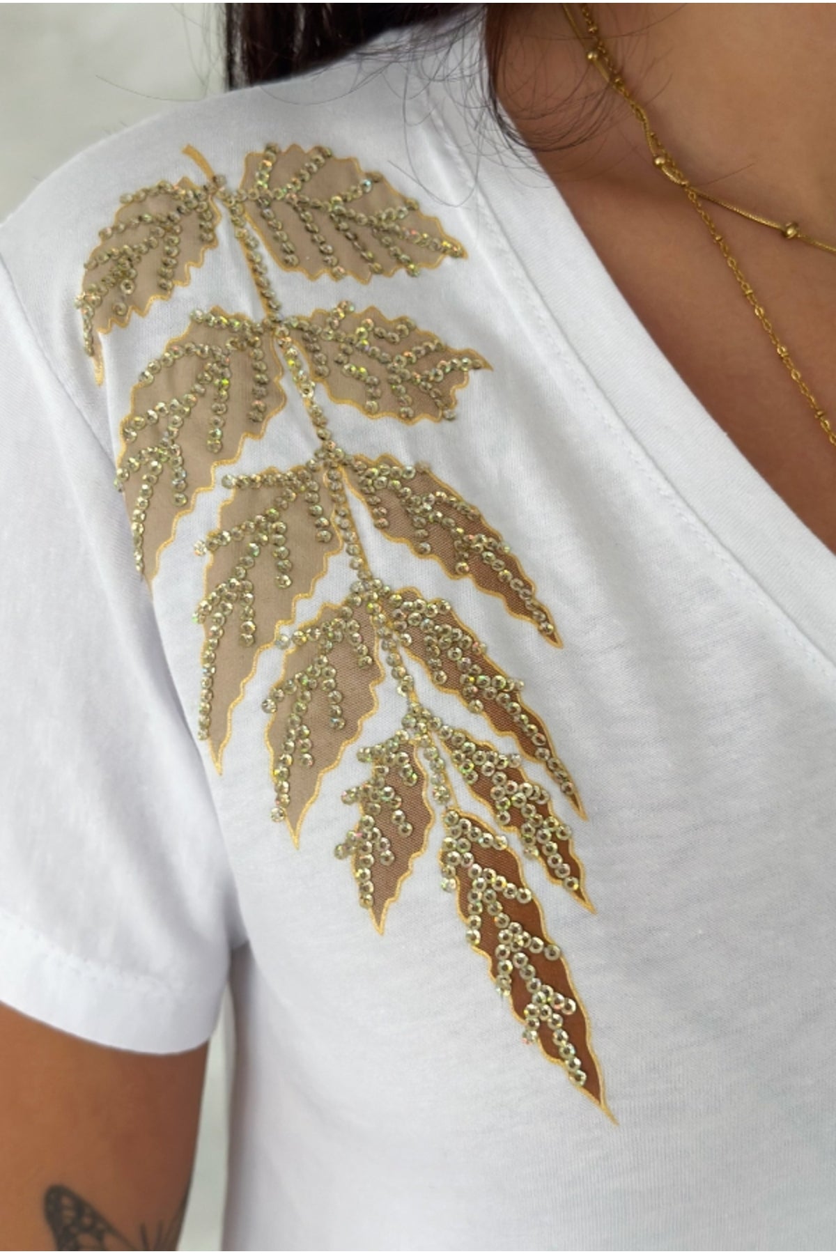Olivia Women's Cotton Plus Size Embellished V-Neck T-Shirt - White with Gold Leaf Shoulder Sequins