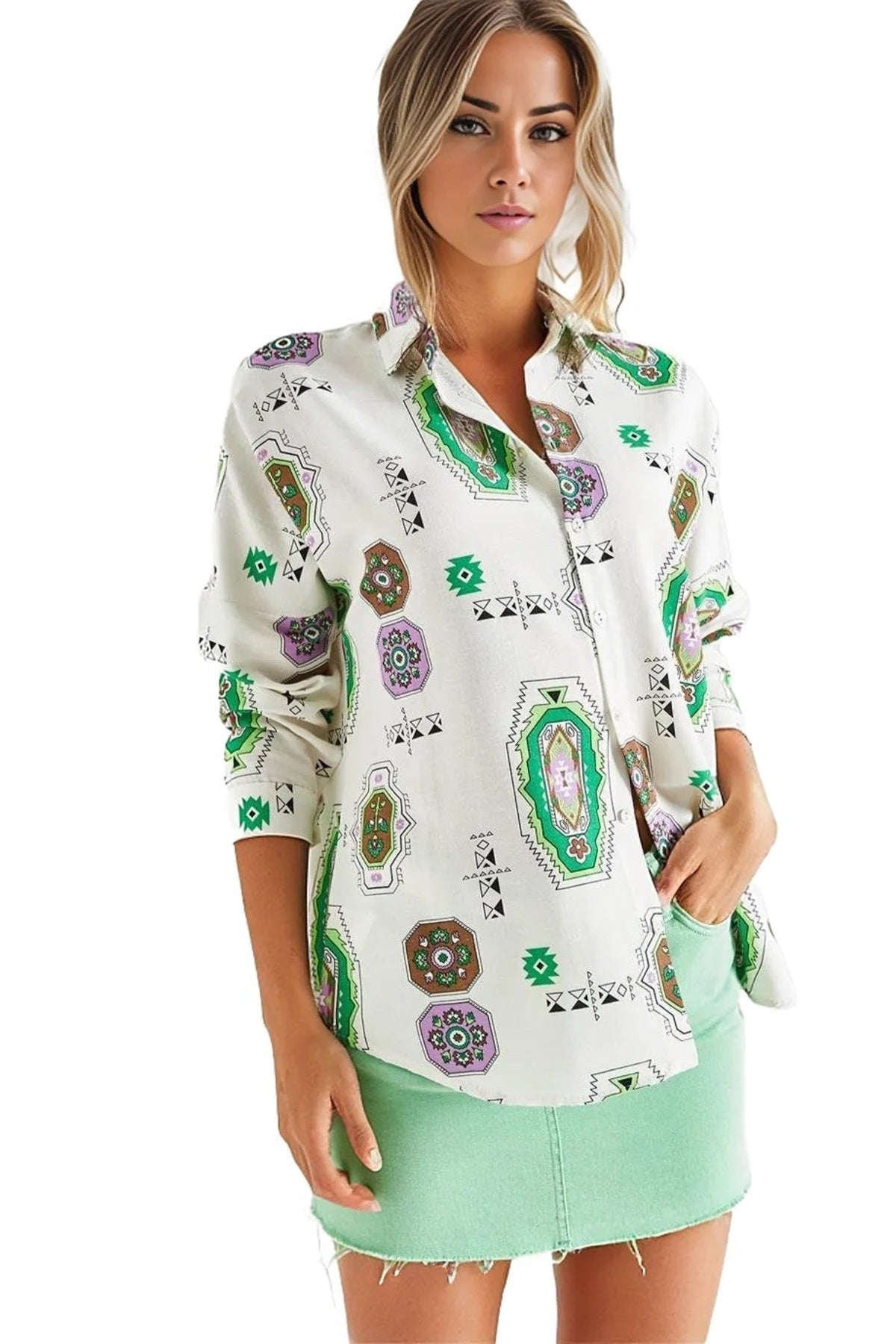 Emilia Women's Linen-Viscose Blend Oversized Printed Shirt - Green Boho Print