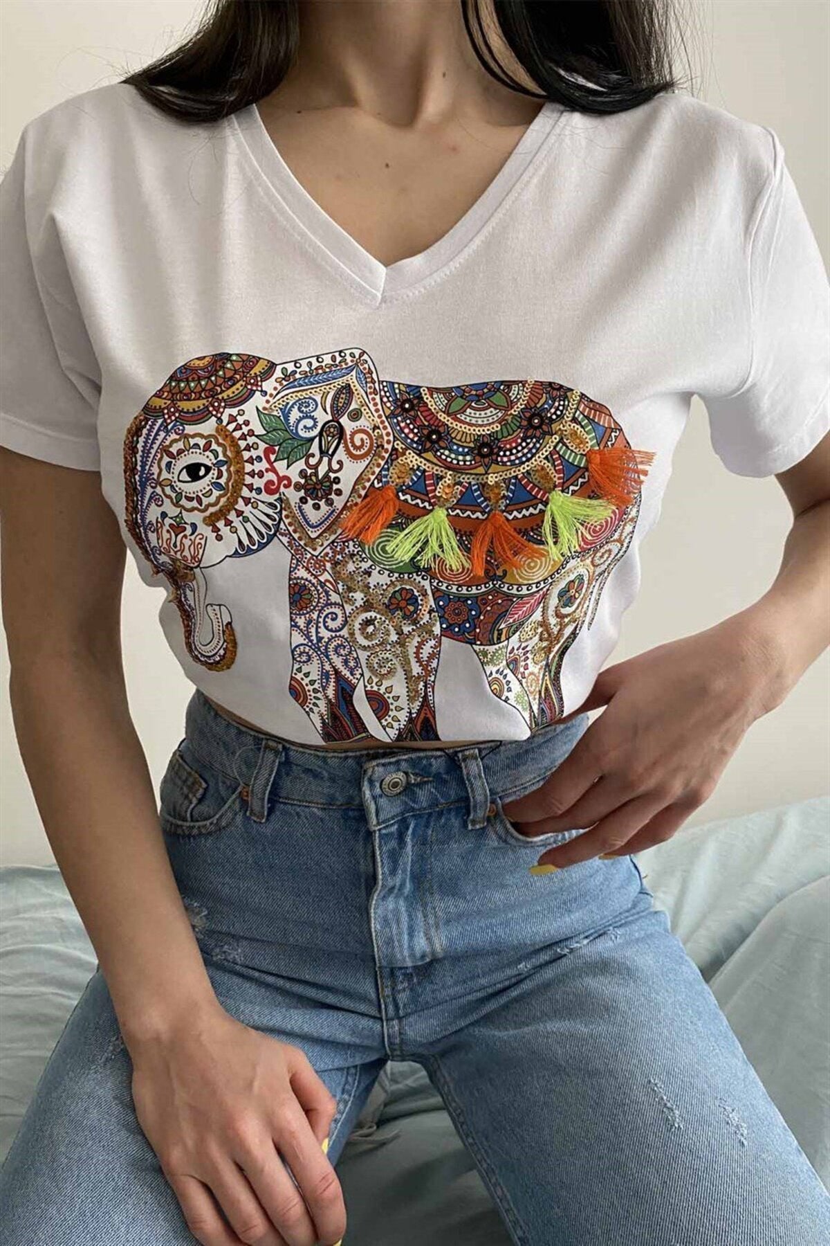 Sophie Women's Cotton Embellished V-Neck T-Shirt - White with Multicolor Tassel Elephant