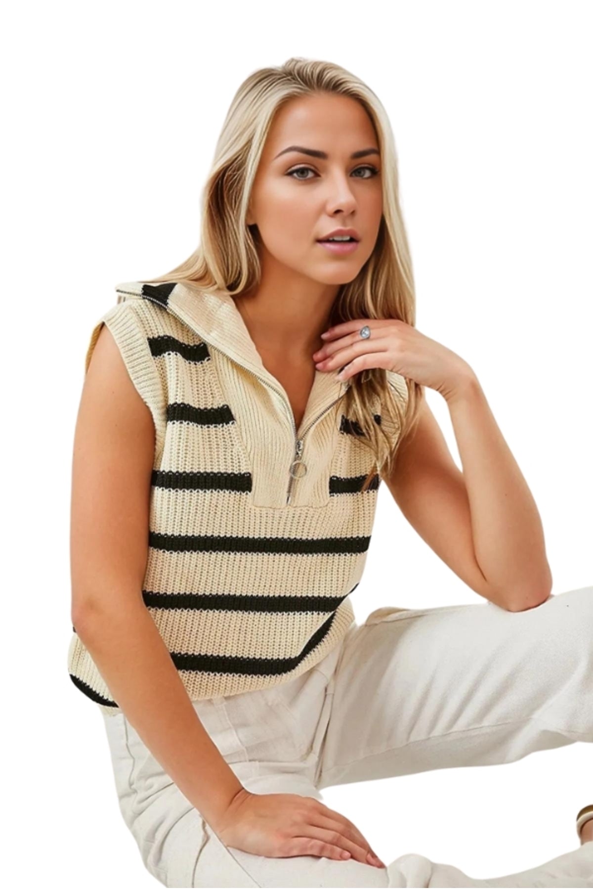 Beatrice Women's Striped Zip-Neck Sweater Vest - Ecru