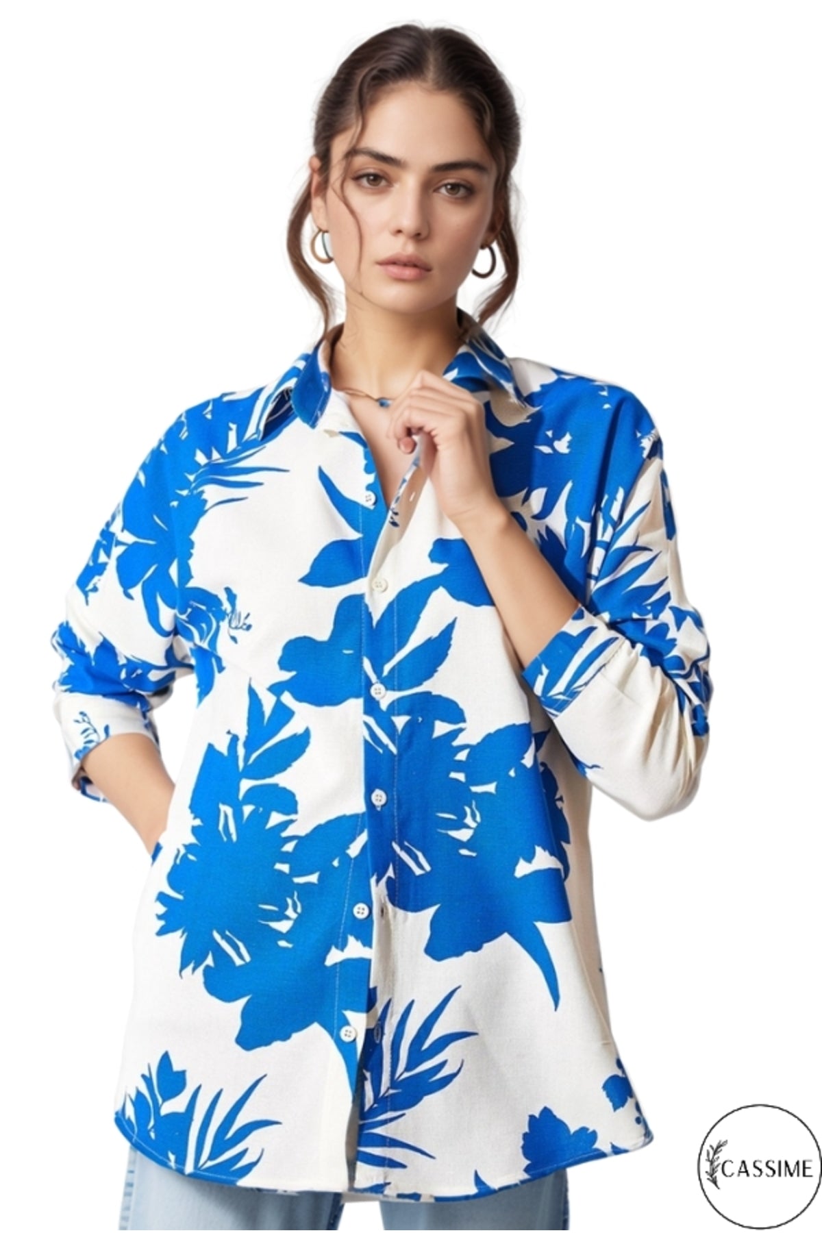 Emilia Women's Linen-Viscose Blend Oversized Printed Shirt - Blue Leaf Floral