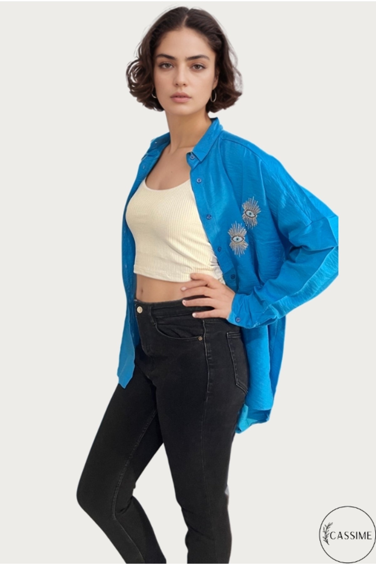 Delilah Women's Cotton Oversized Embellished Long Sleeve Shirt - Turquoise