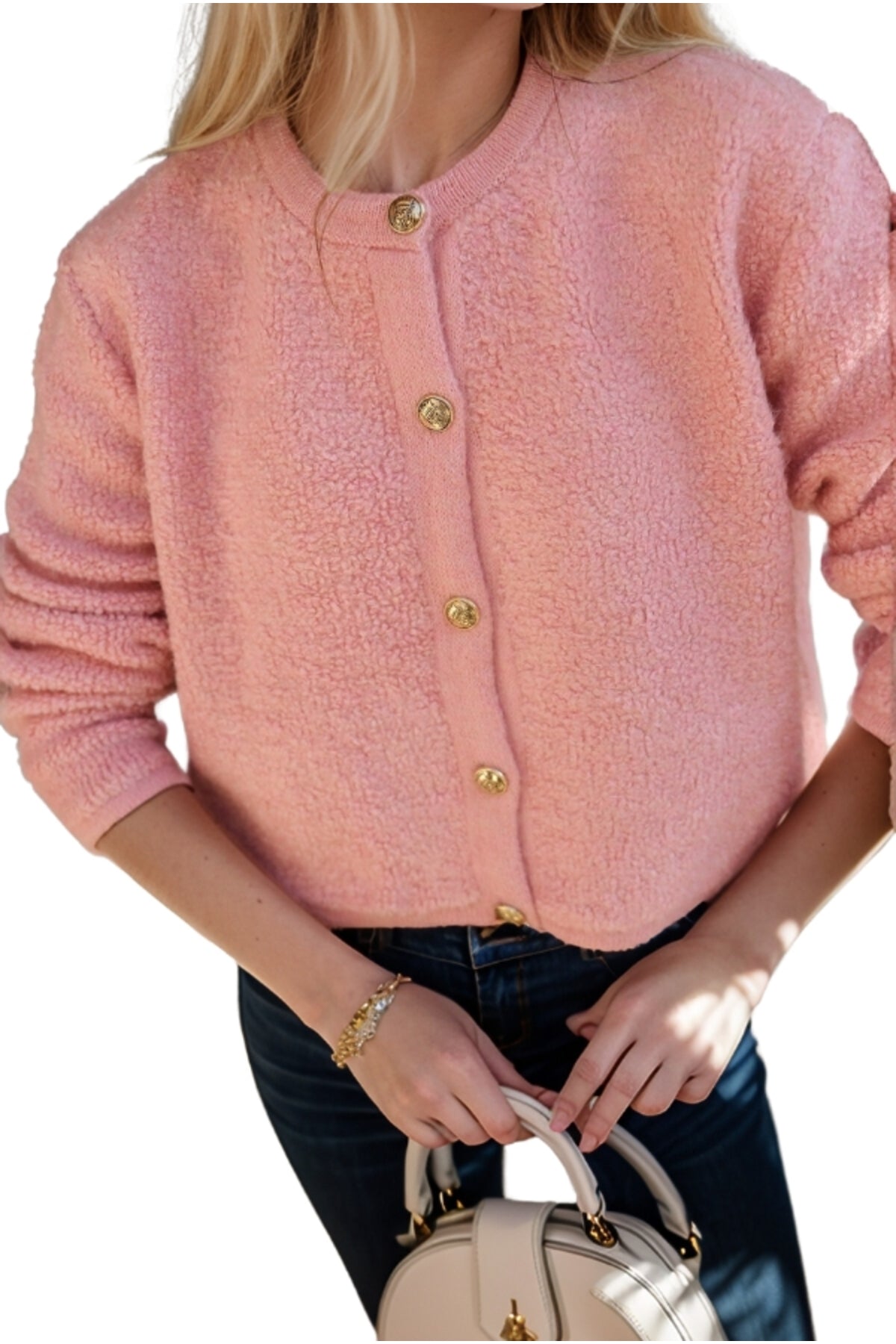 Kayla Women's Gold-Tone Button Teddy Cardigan - Pink