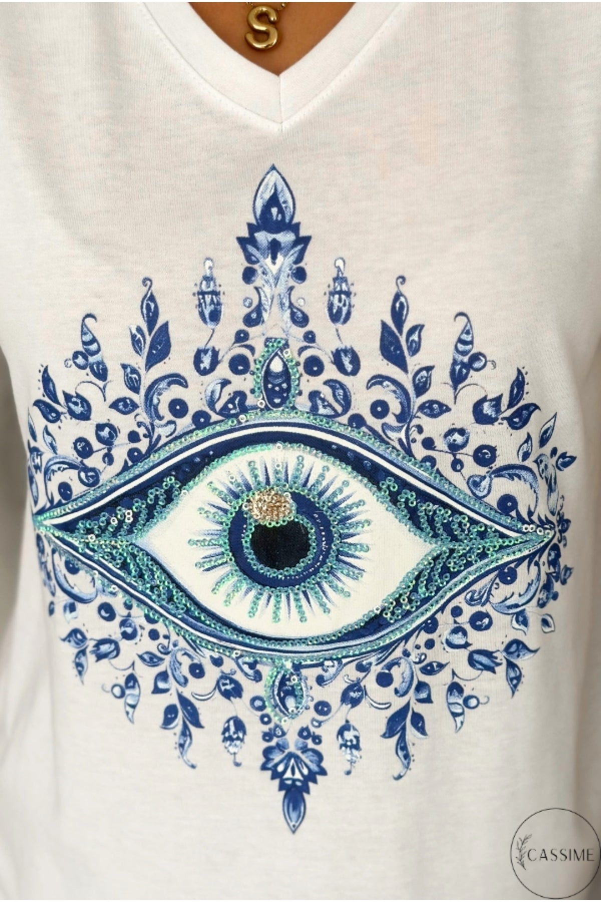 Olivia Women's Cotton Plus Size Embellished V-Neck T-Shirt - White with Blue Evil Eye Print