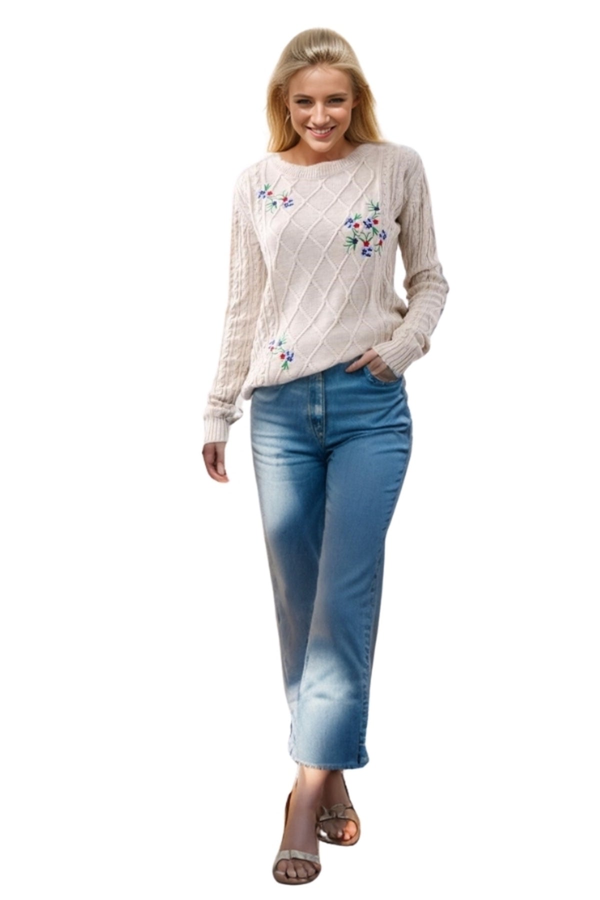 Martha Women's Floral Embroidered Long Sleeve Sweater - Beige Floral Embroidery