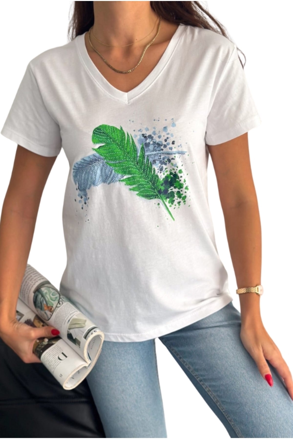 Olivia Women's Cotton Plus Size Embellished V-Neck T-Shirt - White with Blue and Green Leaf Sequins