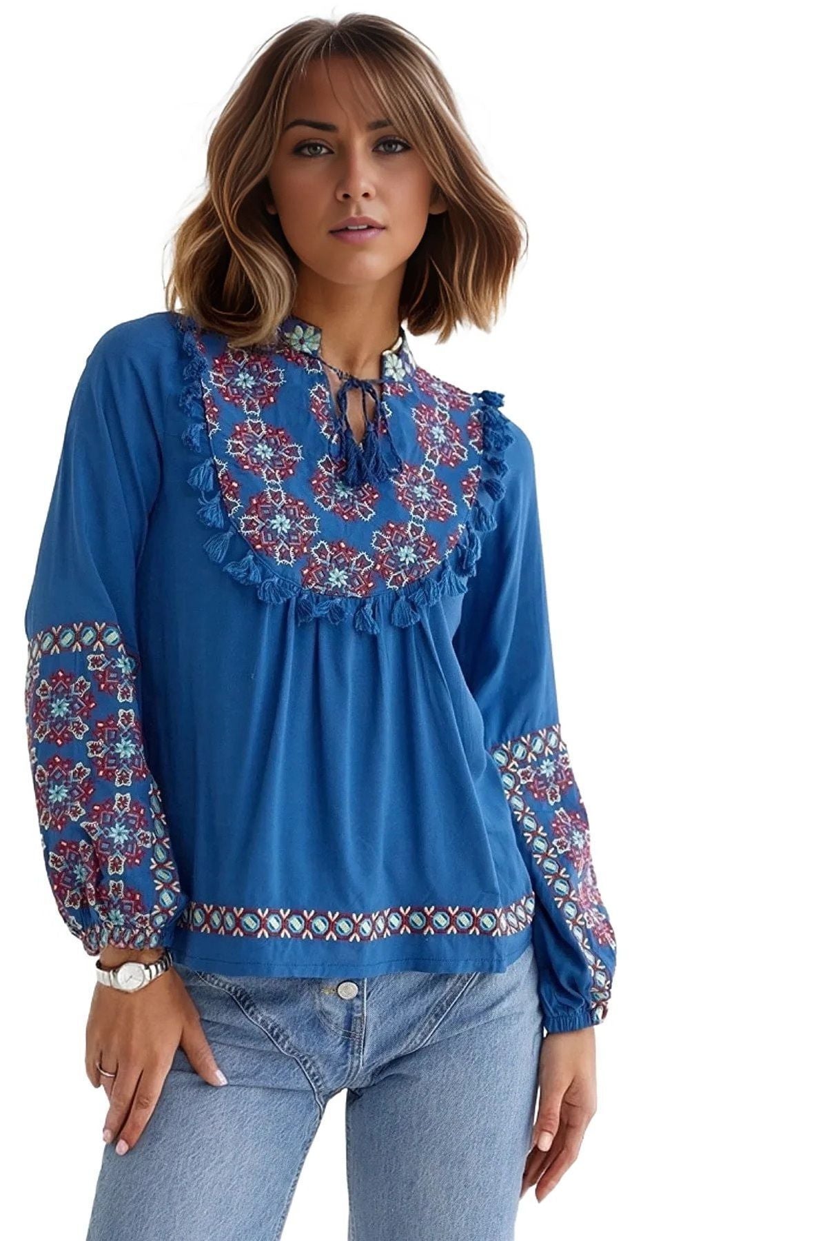 Arabella Women's Boho Embroidered Blouse - Blue