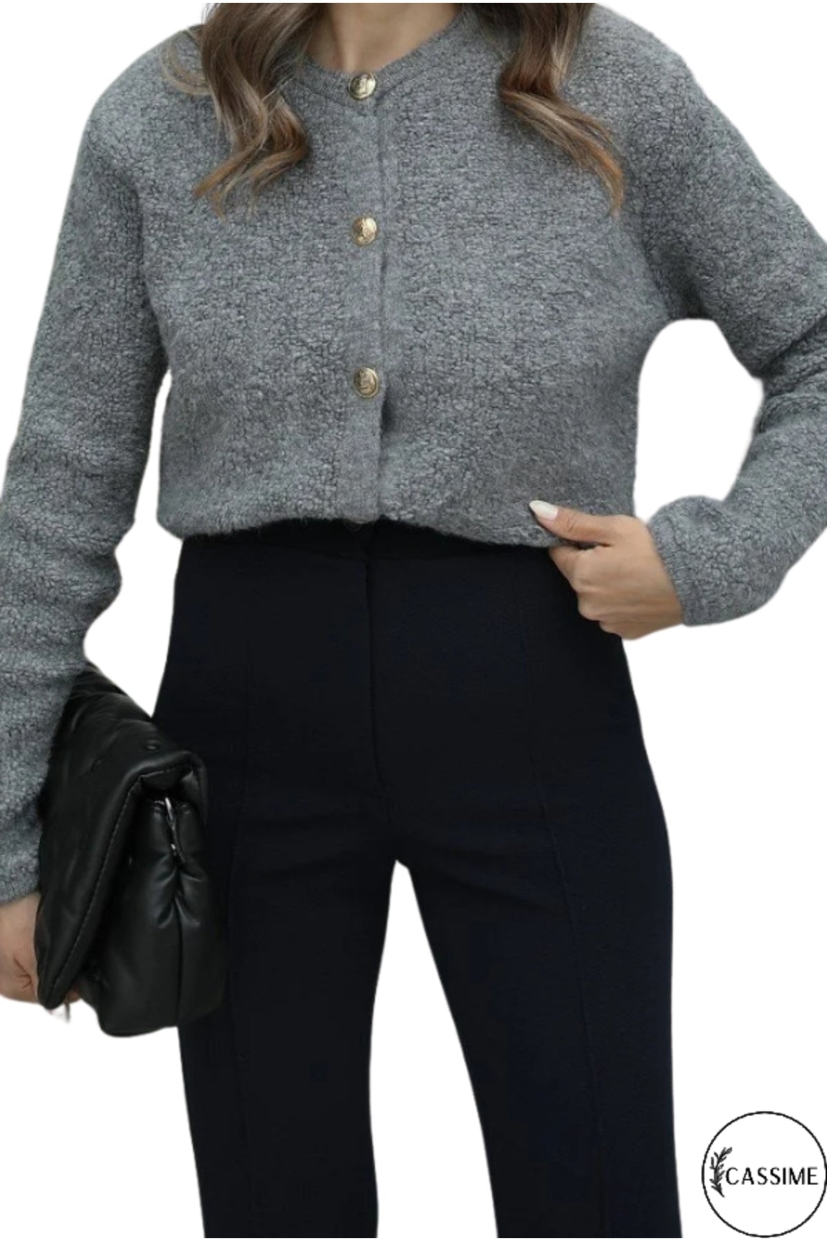 Kayla Women's Gold-Tone Button Teddy Cardigan - Gray