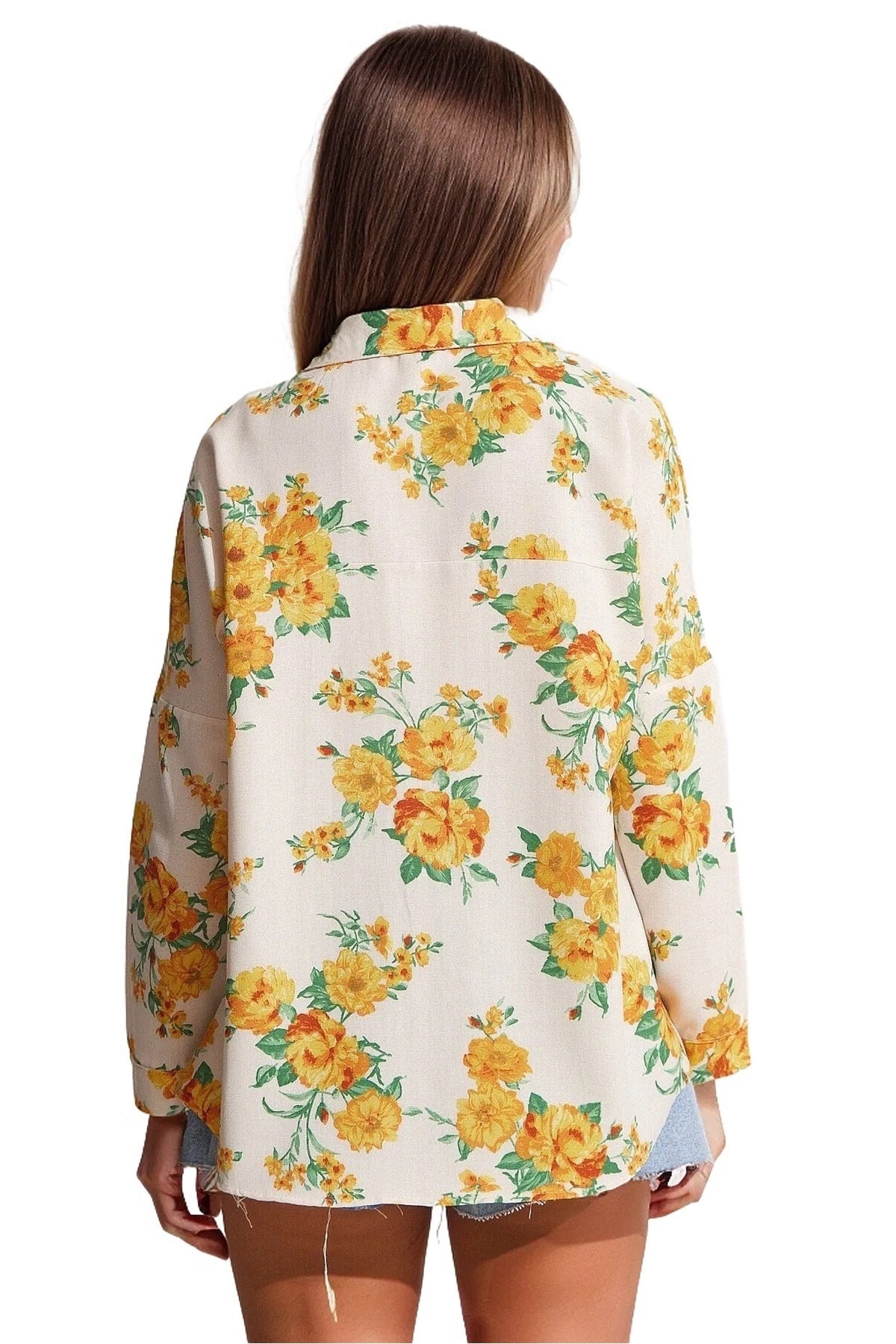 Emilia Women's Linen-Viscose Blend Oversized Printed Shirt - Bright Yellow Floral