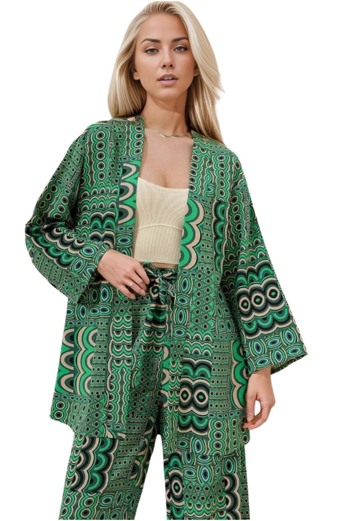 Catherine Women's Linen-Viscose Blend Relaxed Fit Kimono - Green Geometric Print