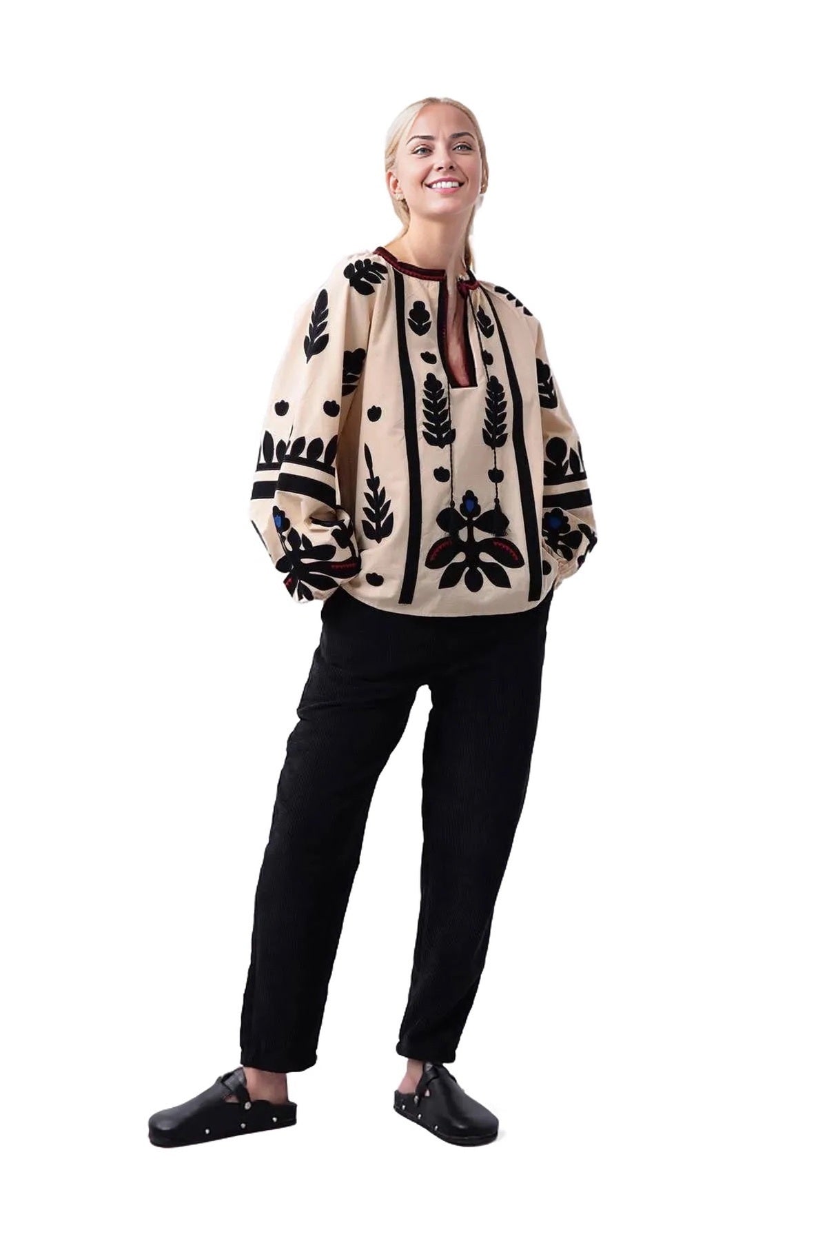 Paige Women's Cotton Embroidered Long Sleeve Woven Blouse - White with Beige Embroidery