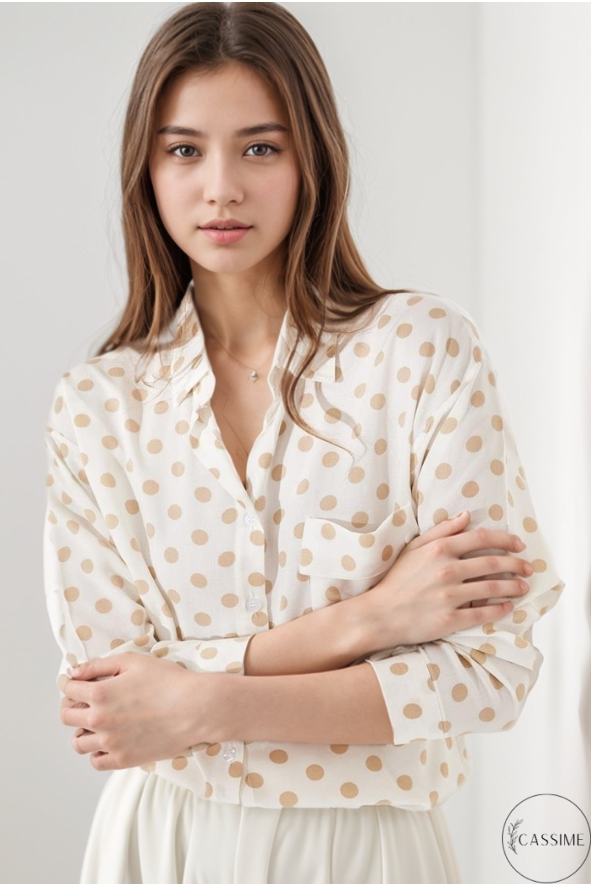 Iris Women's Viscose Relaxed Fit Pocket Shirt - Ecru with Beige Polka Dots