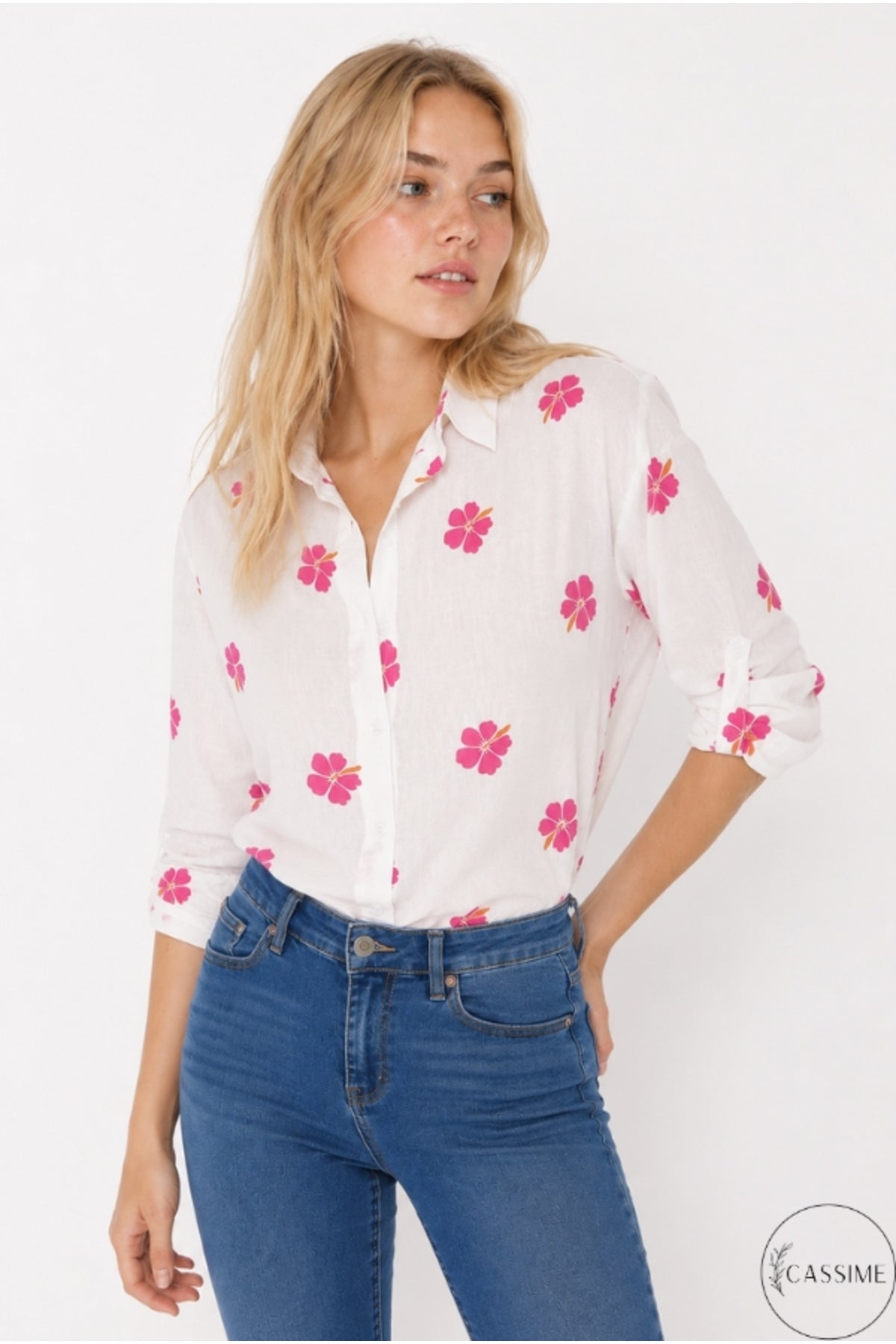 Robyn Women's Linen-Viscose Blend Roll-Sleeve Button-Up Shirt - Pink Clover