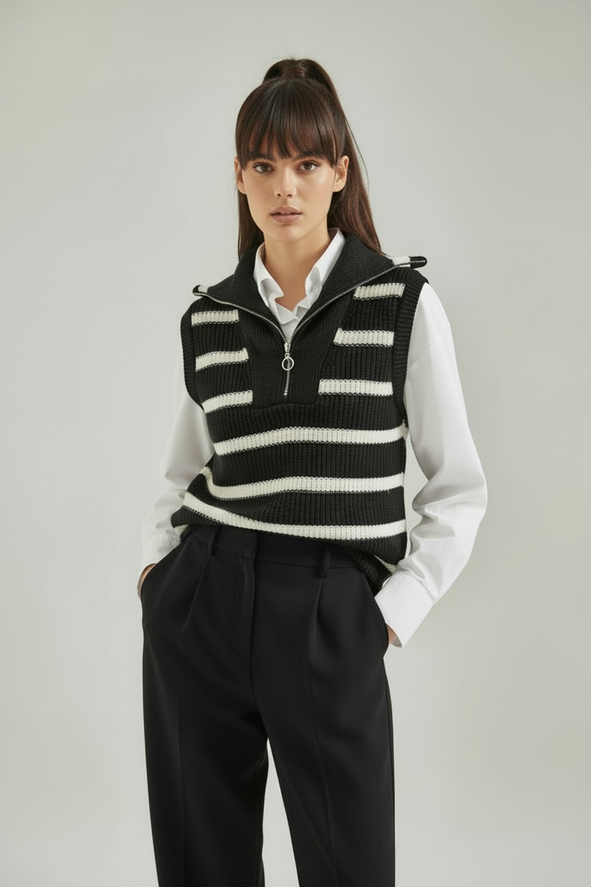 Beatrice Women's Striped Zip-Neck Sweater Vest - Black and White