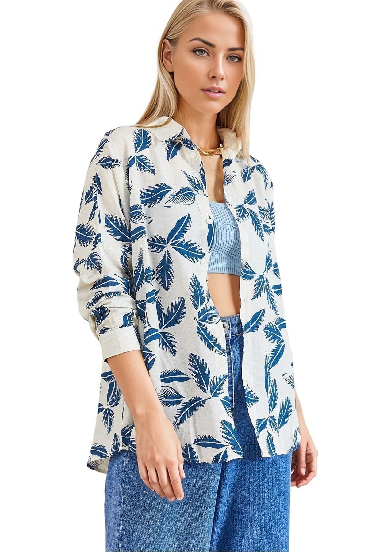 Amelia Women's Viscose Long Sleeve Button-Up Shirt - Blue Leaf Print