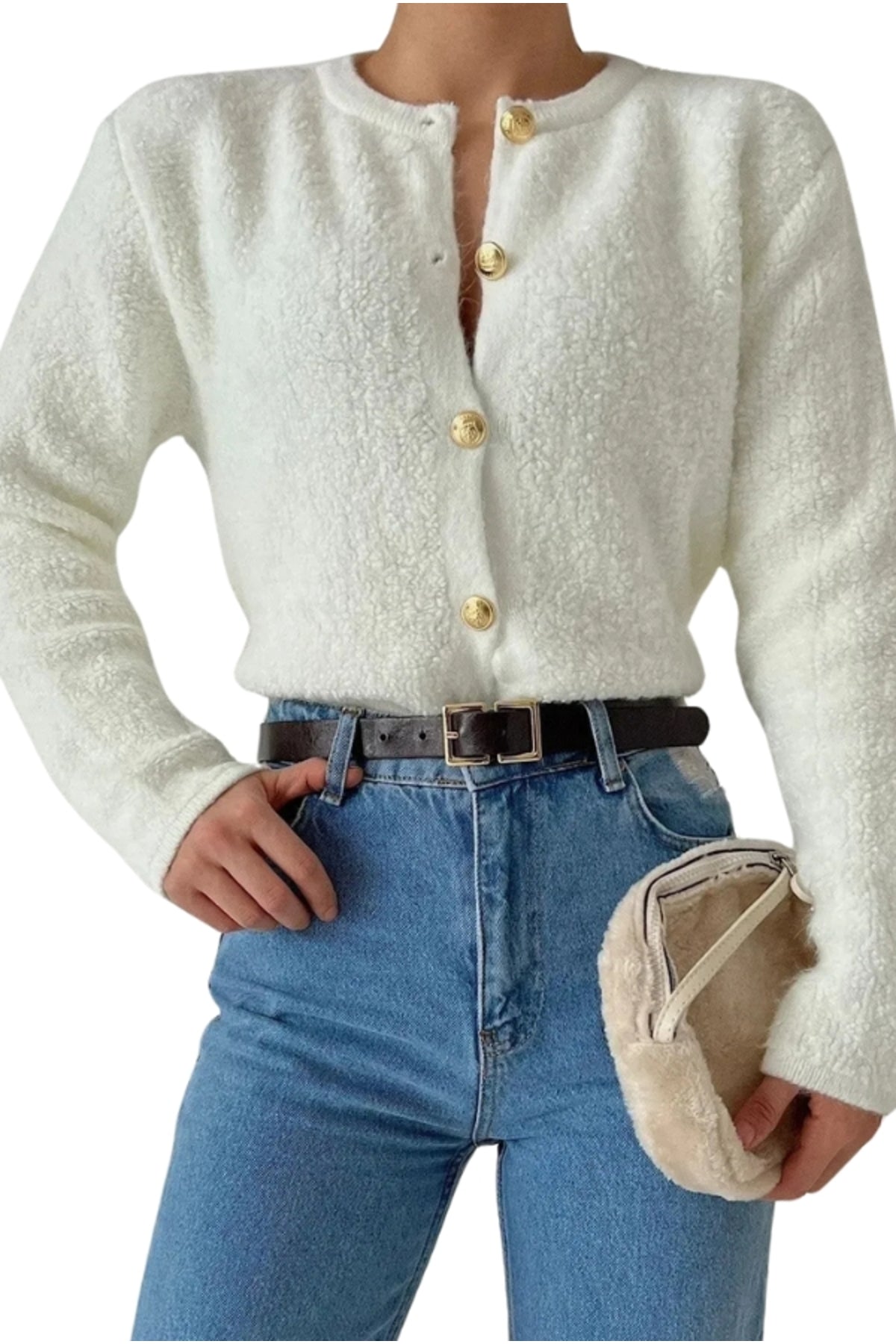 Kayla Women's Gold-Tone Button Teddy Cardigan - Ecru