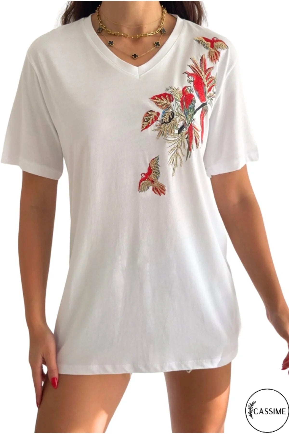 Camiseta de algodón Tilda con diseño floral de loros blancos