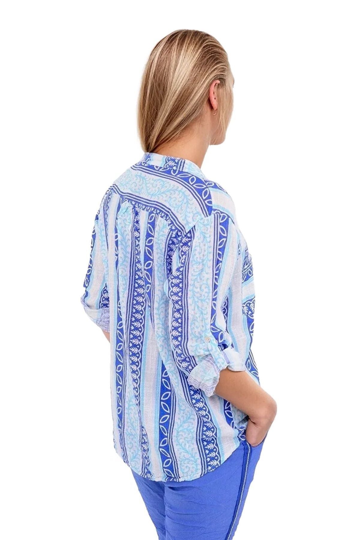 Elsie Women's Cotton-Linen Blend Boho Print Button-Up Shirt - Blue