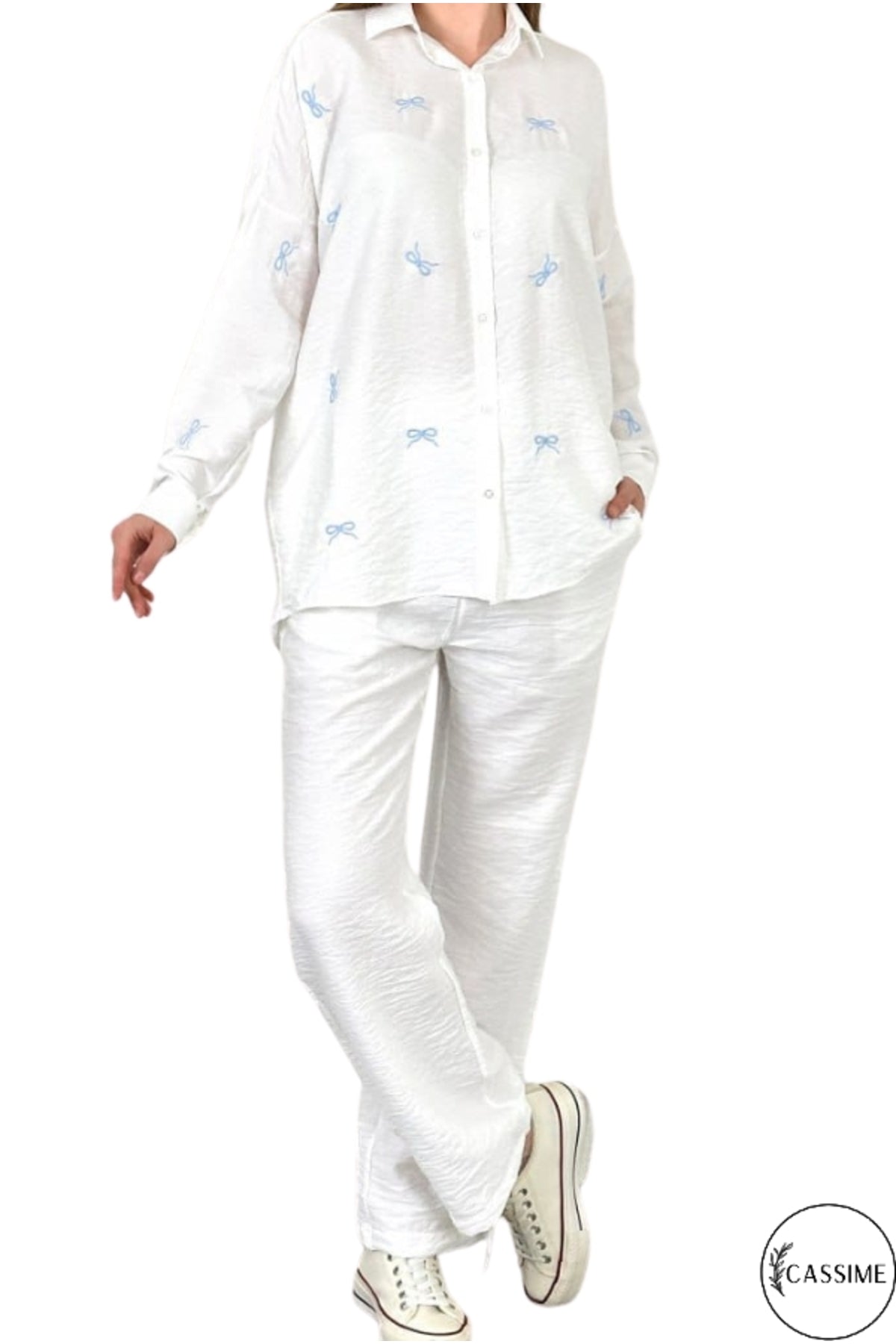 Delilah Women's Cotton Oversized Embellished Long Sleeve Shirt - White with Bow Embroidery