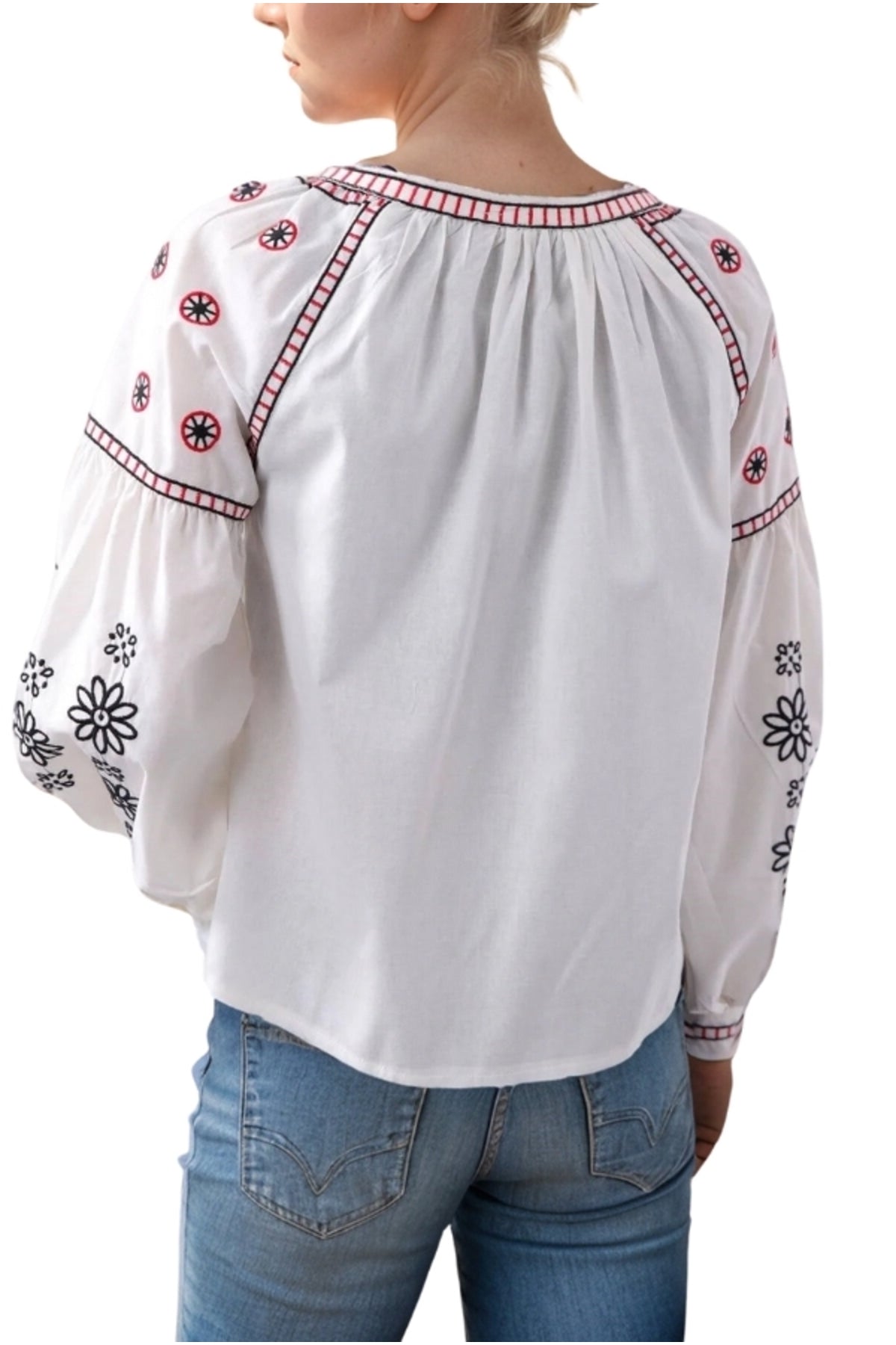 Rachel Women's Floral Embroidered Tassel Jacket - White with Pink Embroidery
