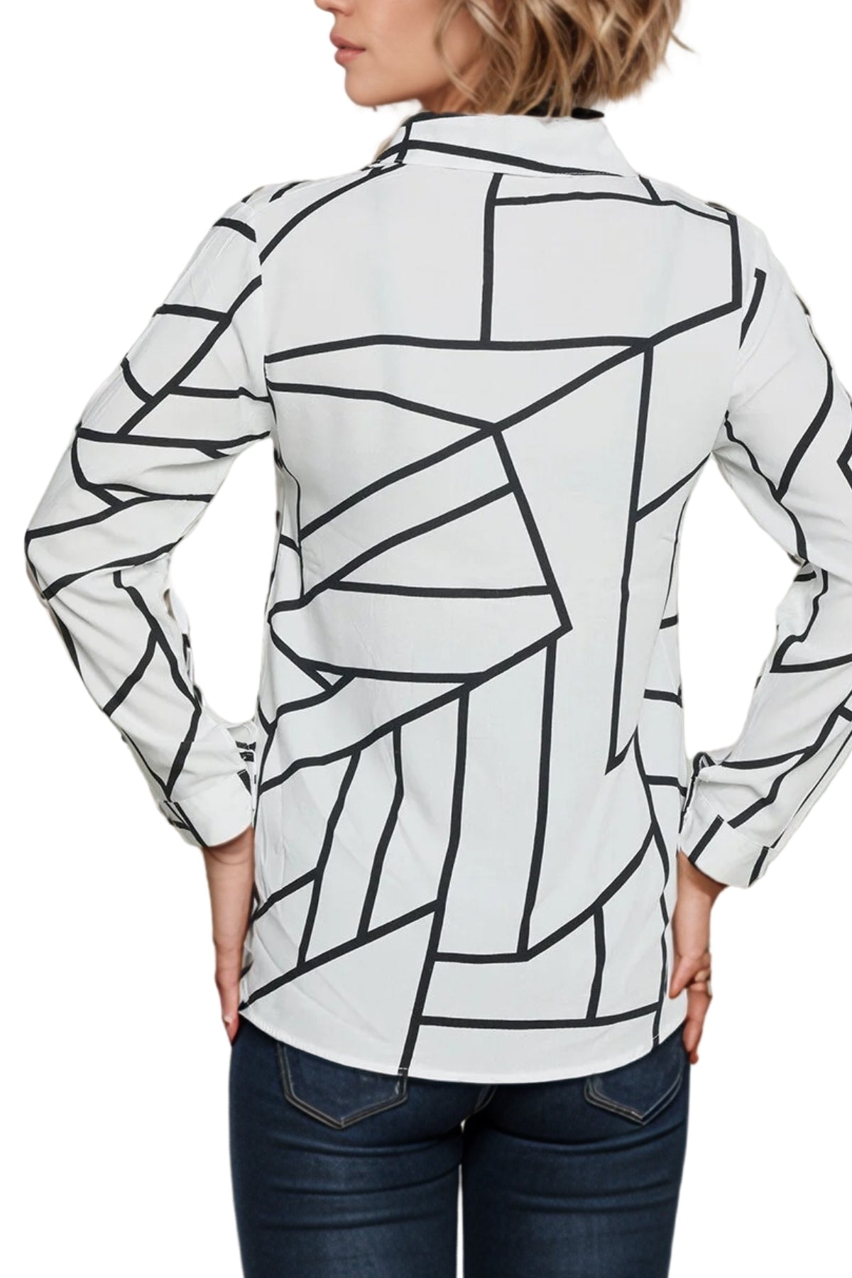 Amelia Women's Viscose Long Sleeve Button-Up Shirt - White Geometric Striped