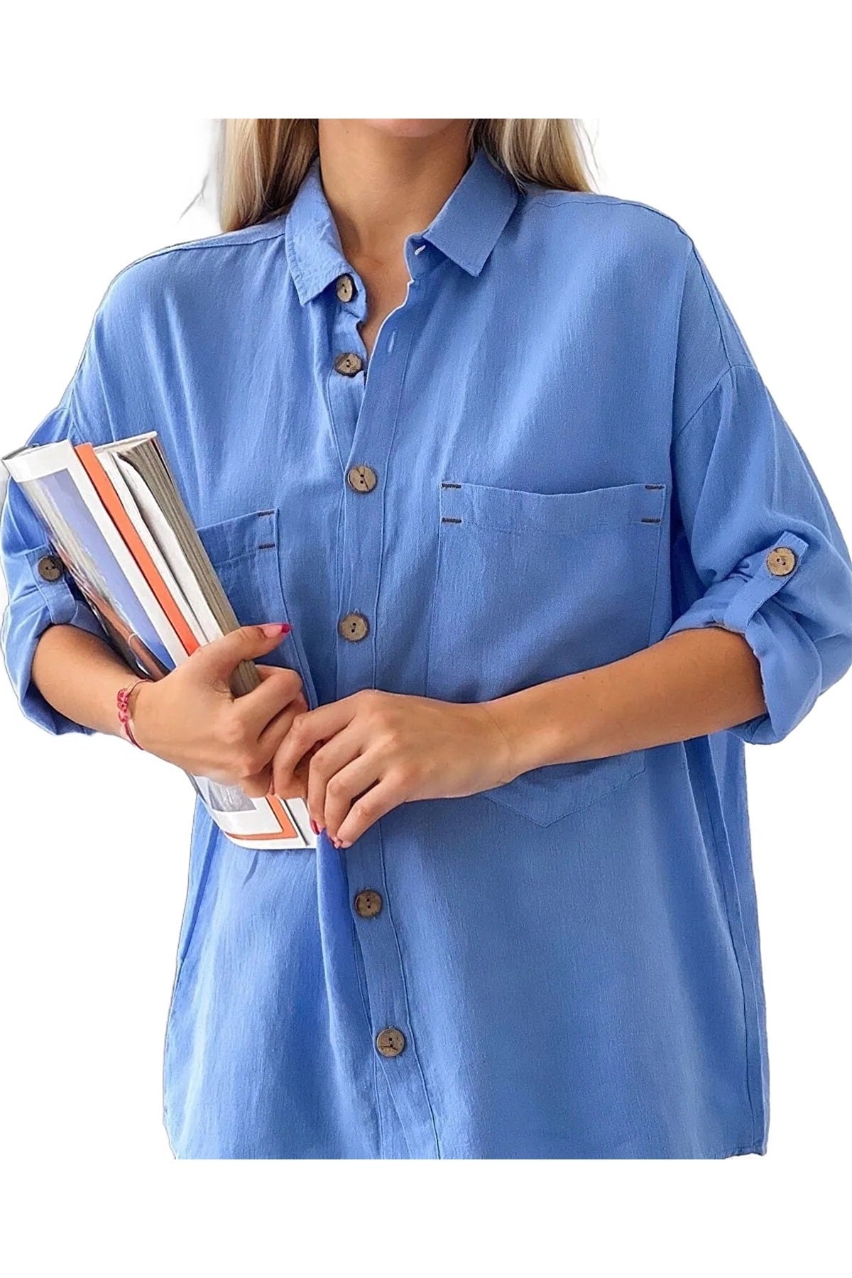 Jasmine Women's Cotton-Linen Blend Oversized Longline Button-Up Shirt - Blue