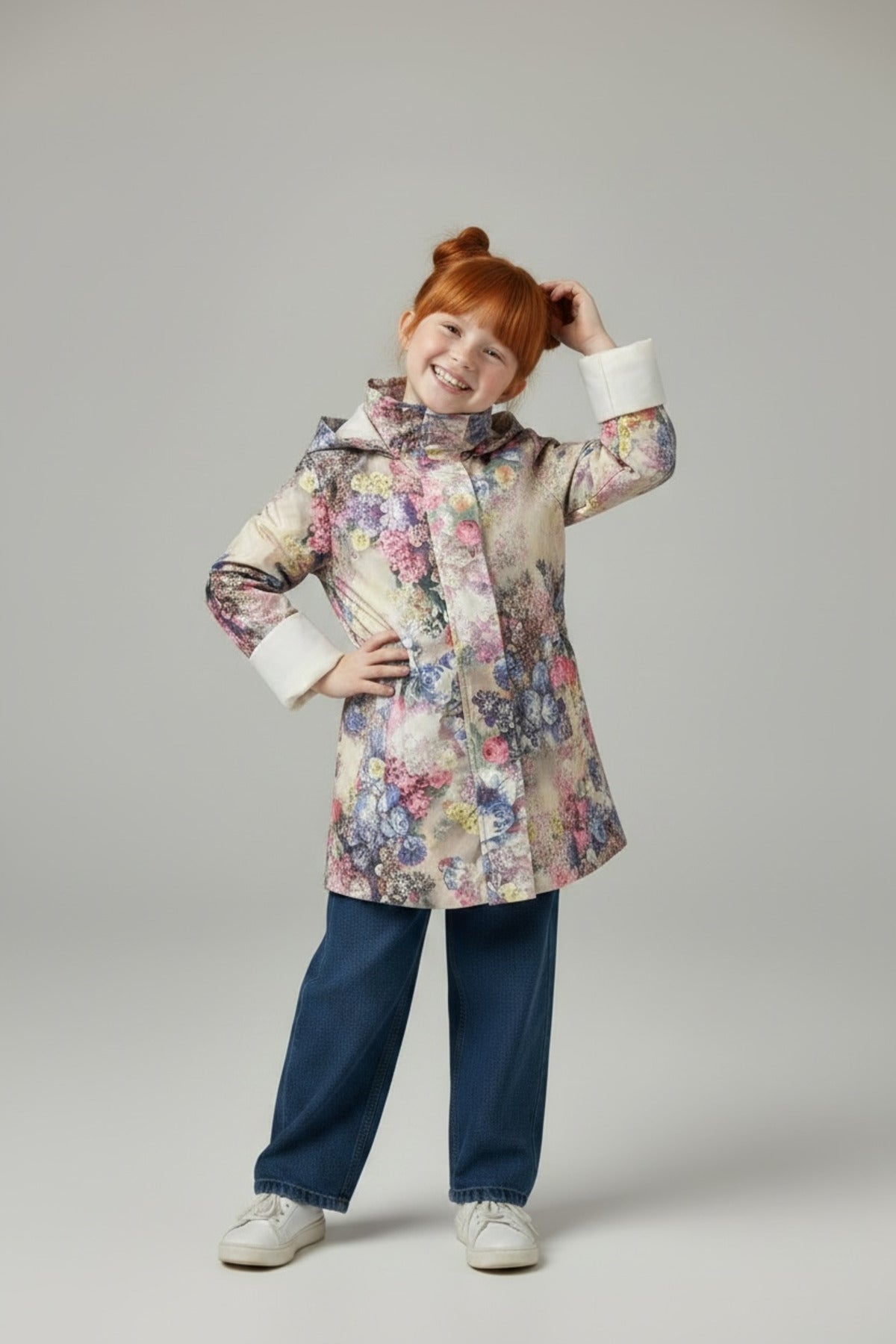 Aria Girls' Floral Hooded Rain Jacket - Blue Pink Floral - product image 1