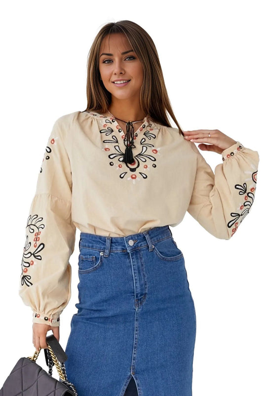 April Women's Embroidered Balloon Sleeve Tassel Blouse - Cream