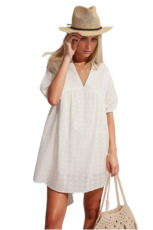 Leona Women's Broderie Anglaise V-Neck Mini Skater Dress - White