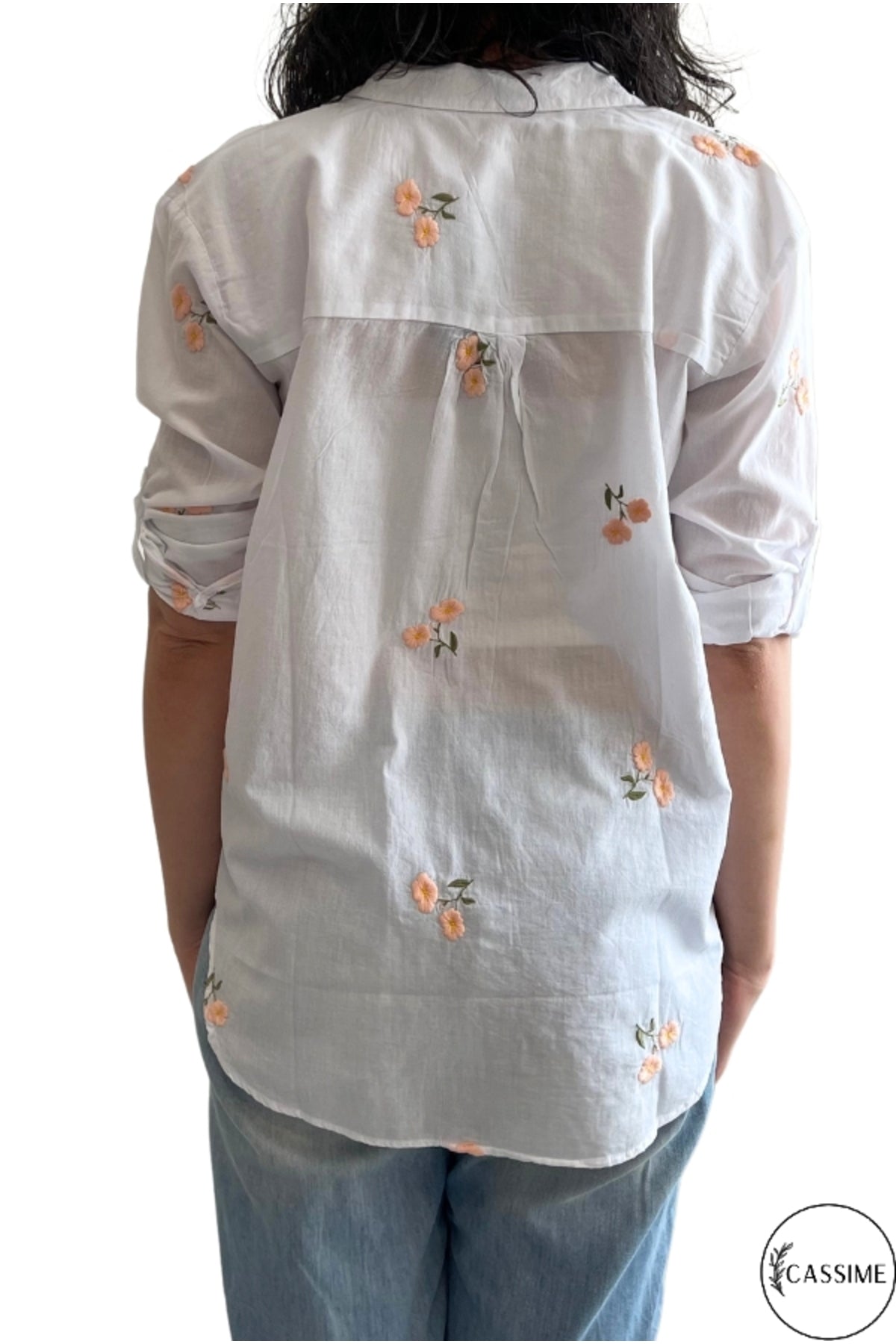 Ella Women's Cotton Embroidered Button-Up Shirt - White with Peach Flowers