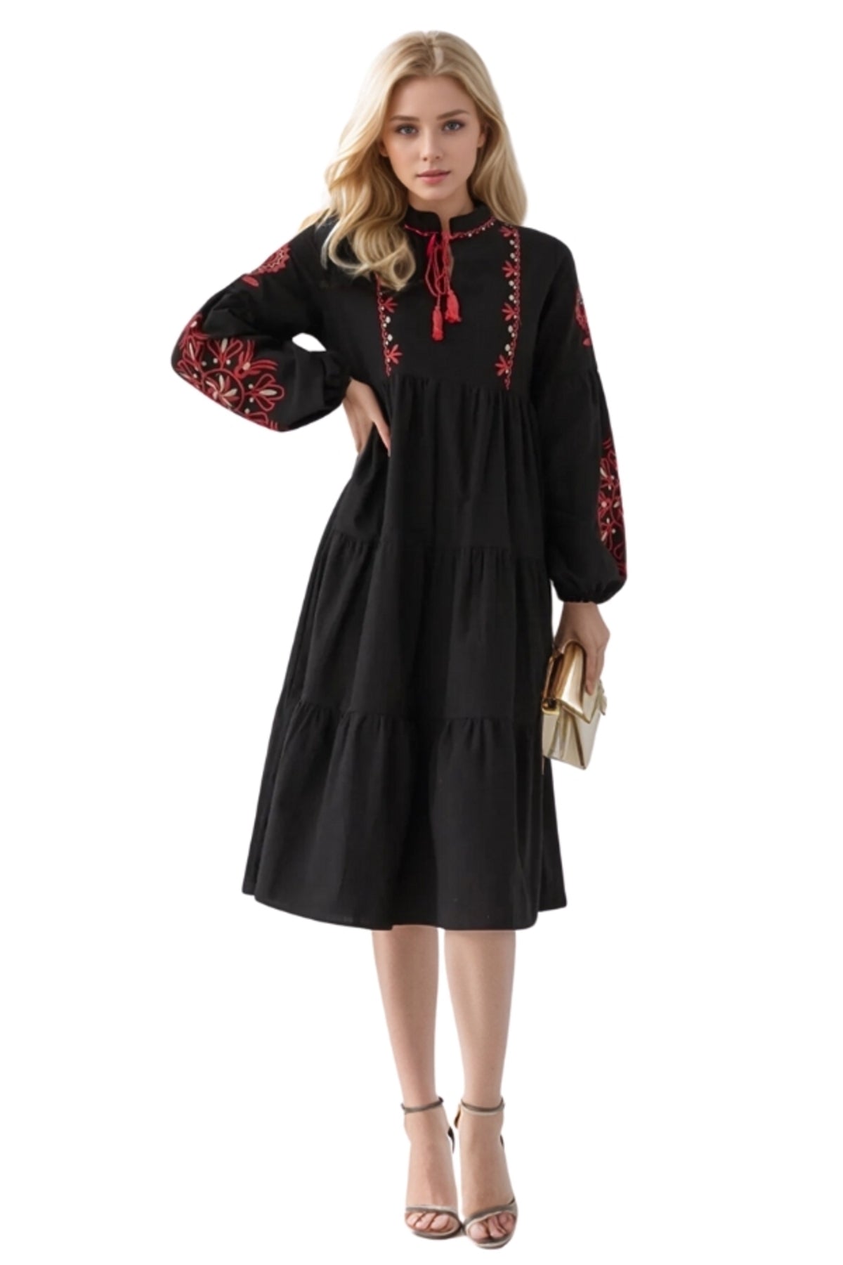 Lola Women's Embroidered Balloon Sleeve Dress - Black