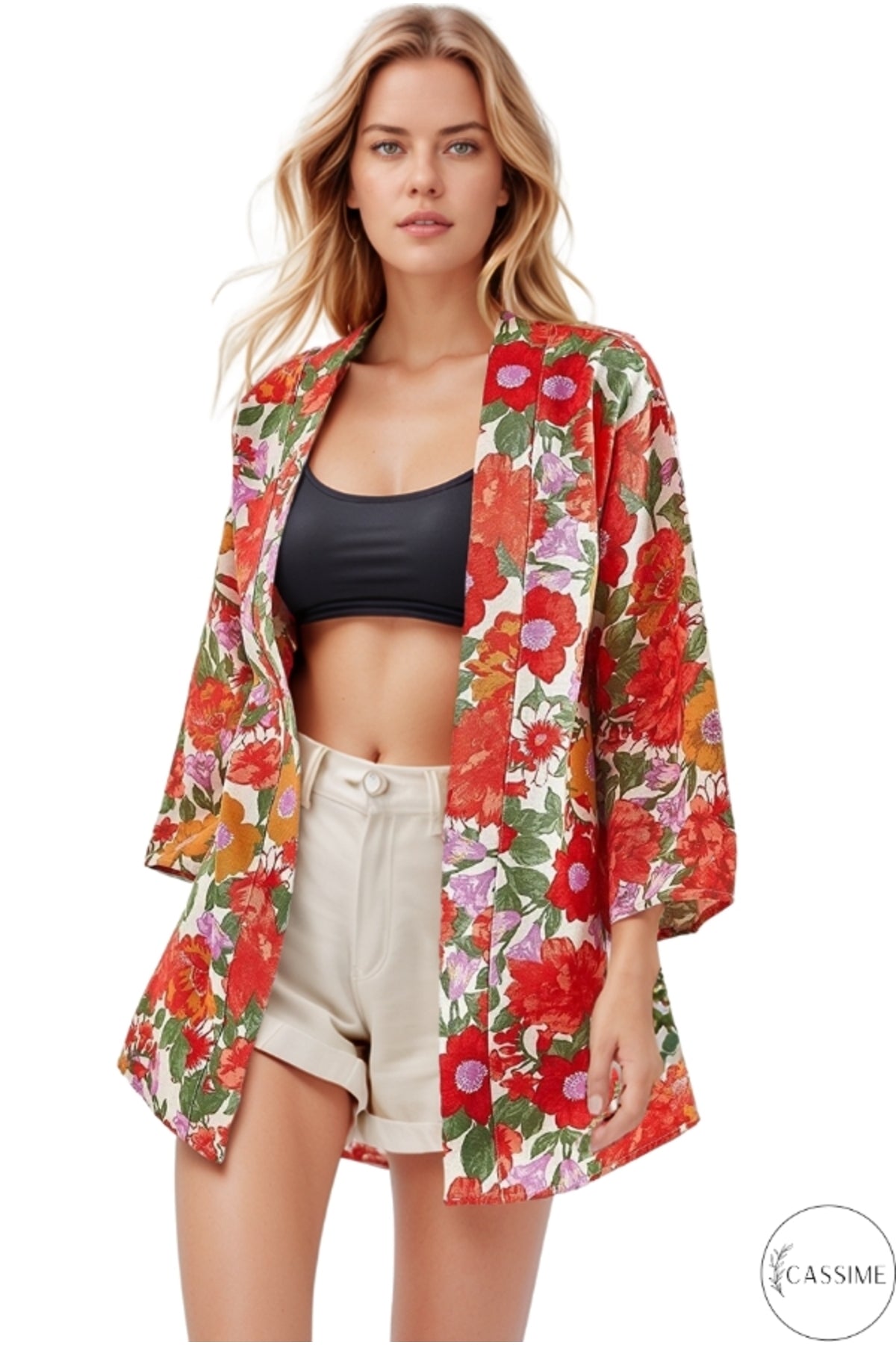 Catherine Women's Linen-Viscose Blend Relaxed Fit Kimono - Bright Red Floral