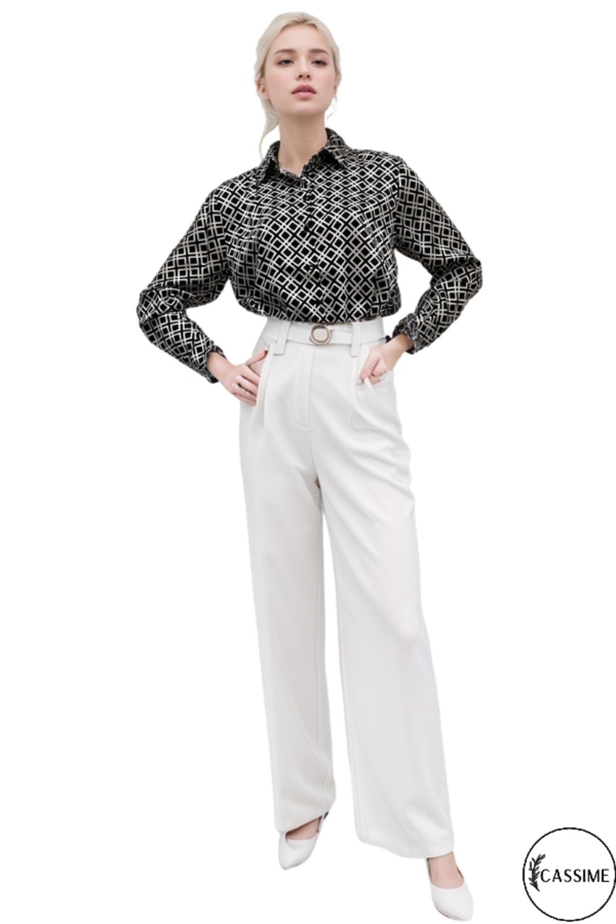 Holly Women's Relaxed Check Satin Shirt - Black Check Print